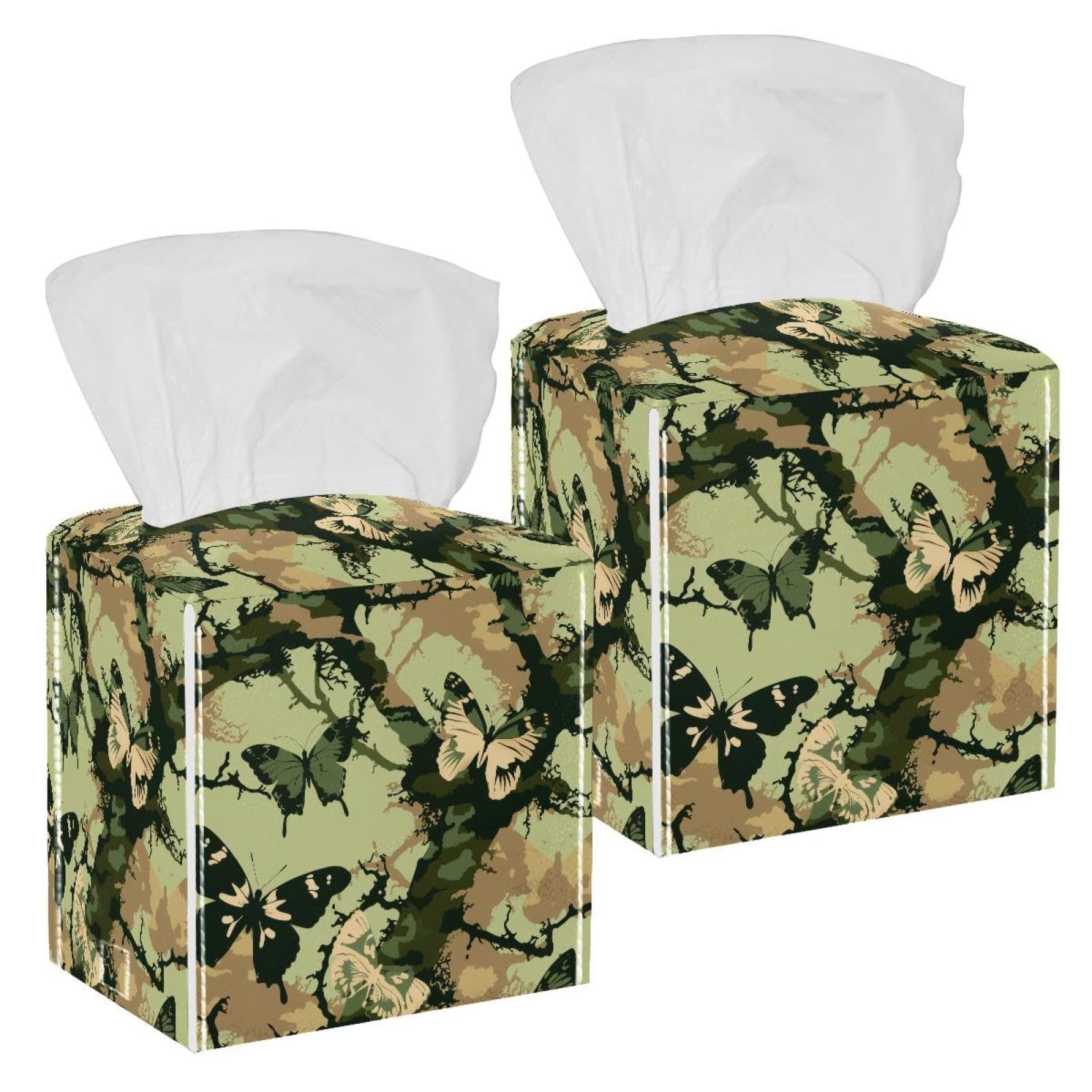 Camouflage Butterflies Tissue Box Cover, 2 Pack PU Leather Square Facial Tissue Dispenser Box holder for Home Office Car