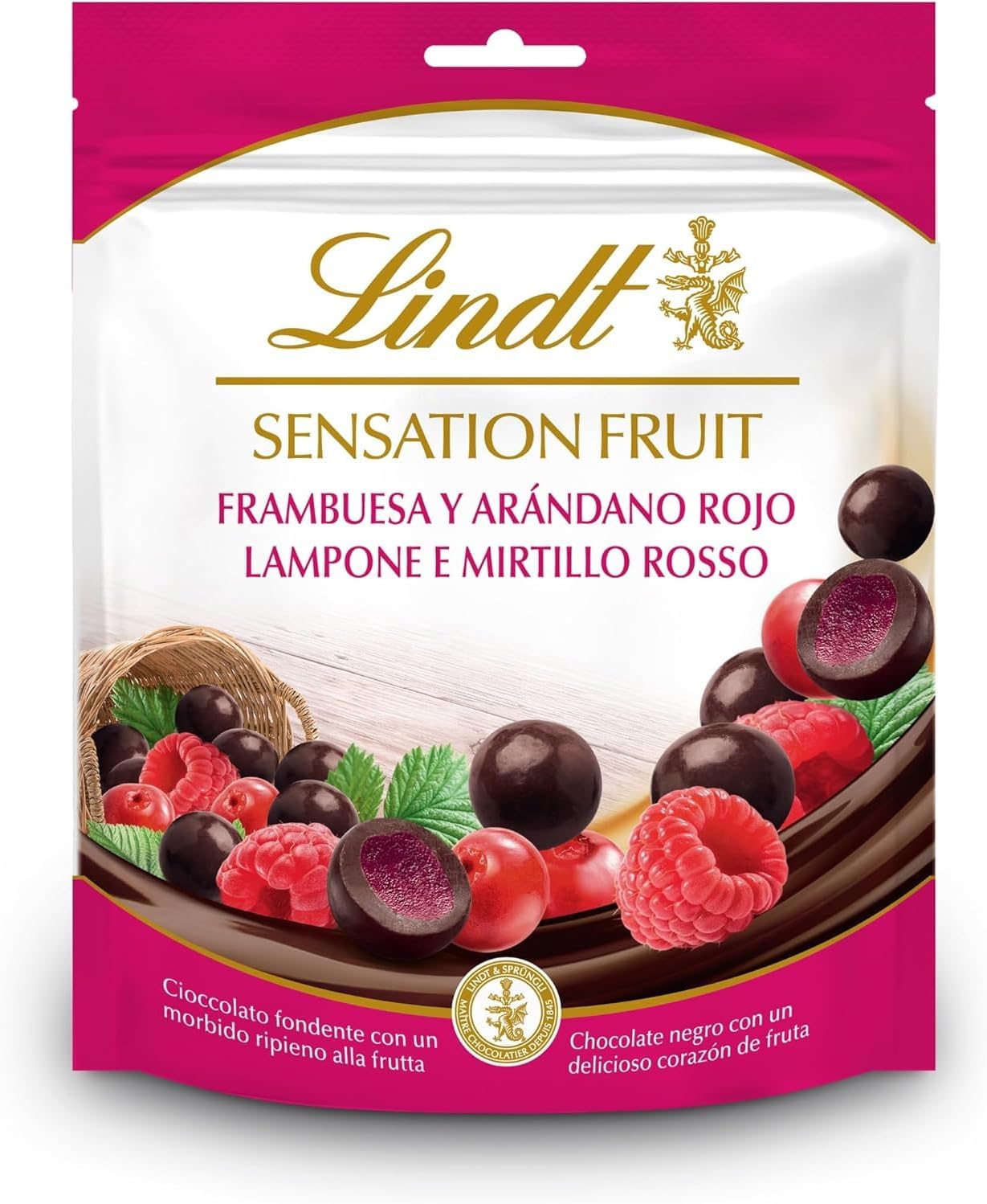 Bolitas de chocolate negro con frambuesas y arándanos Lindt Sensation Fruit por 4,40€ (marcando aplicar cupón)