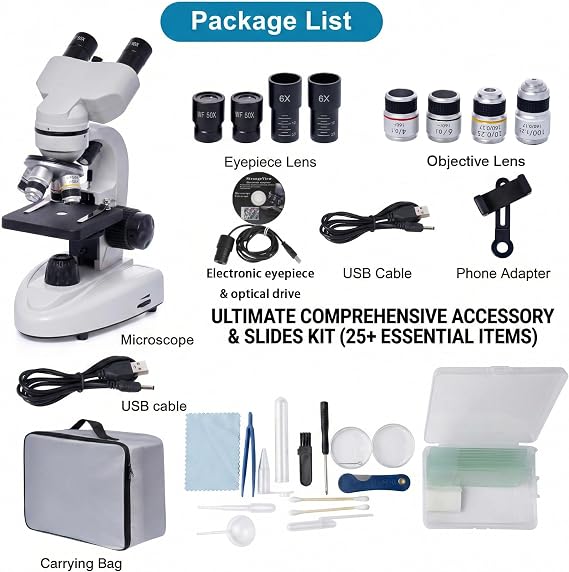 Microscope for Adults Students, 200X-5000X Binocular Biological Digital Microscopes for Home Education with 2MP Electronic Eyepiece, Microscope Slides Set, LED Illumination & Phone Adapter, STEM Gifts