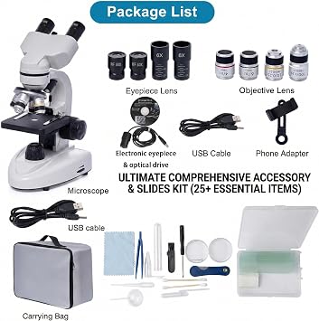 Microscope for Adults Students, 200X-5000X Binocular Biological Digital Microscopes for Home Education with 2MP Electronic Eyepiece, Microscope Slides Set, LED Illumination & Phone Adapter, STEM Gifts