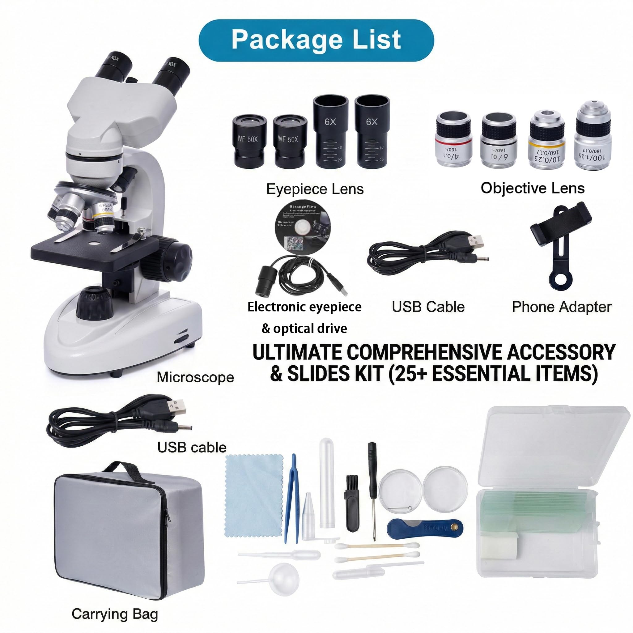 Microscopi binoculari, 200X-5.000X, composti biologici, con moltiplicatore 6x, oculari elettronici e adattatore per telefono, per studenti, adulti, principianti, regali didattici in laboratorio