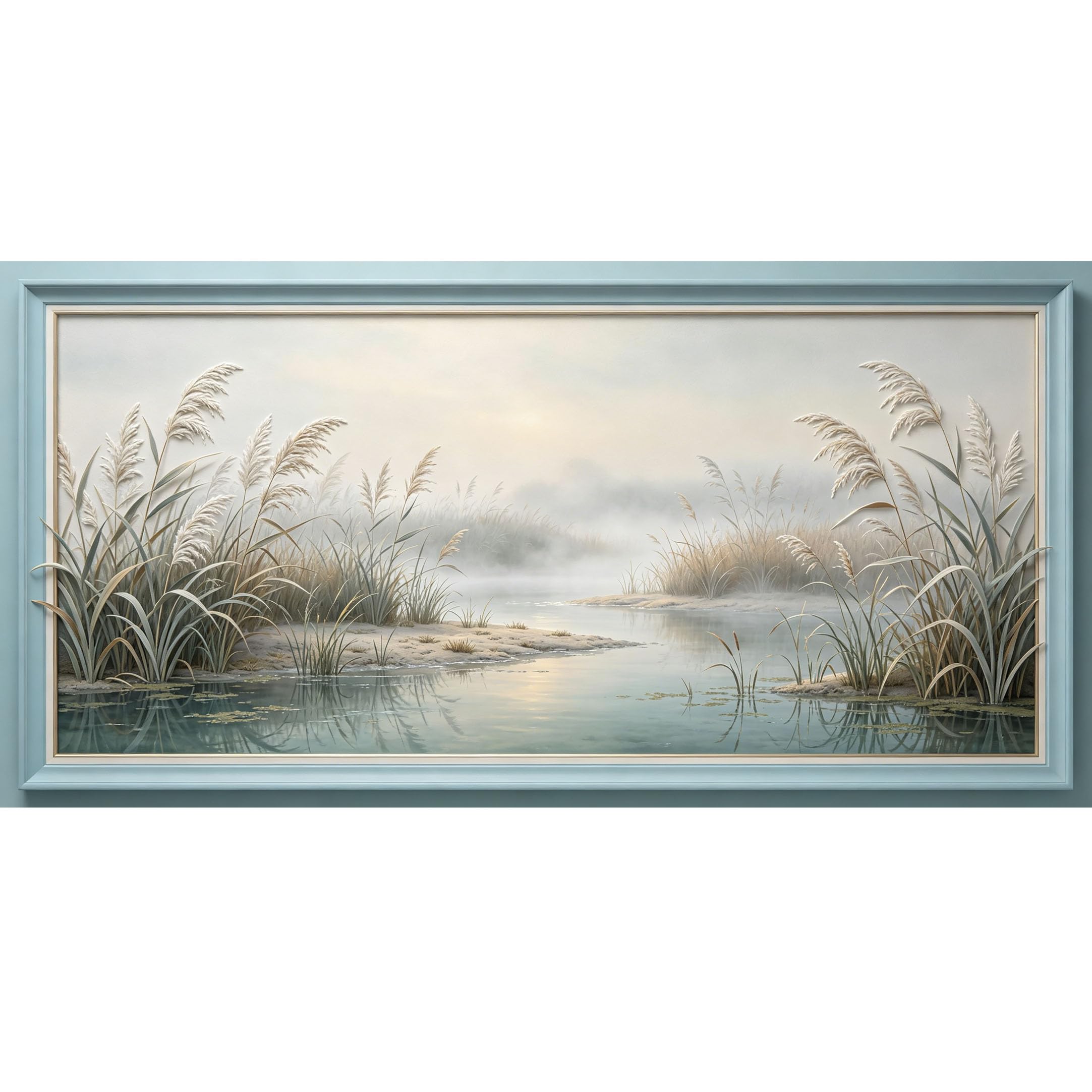 Agglomerix 3D Framed Wall Art Mist Lake Reeds Coastal Landscape Relief Effect Large Size SelfAdhesive Removable Wall Decor Prints Artwork for Living Room Bedroom Office