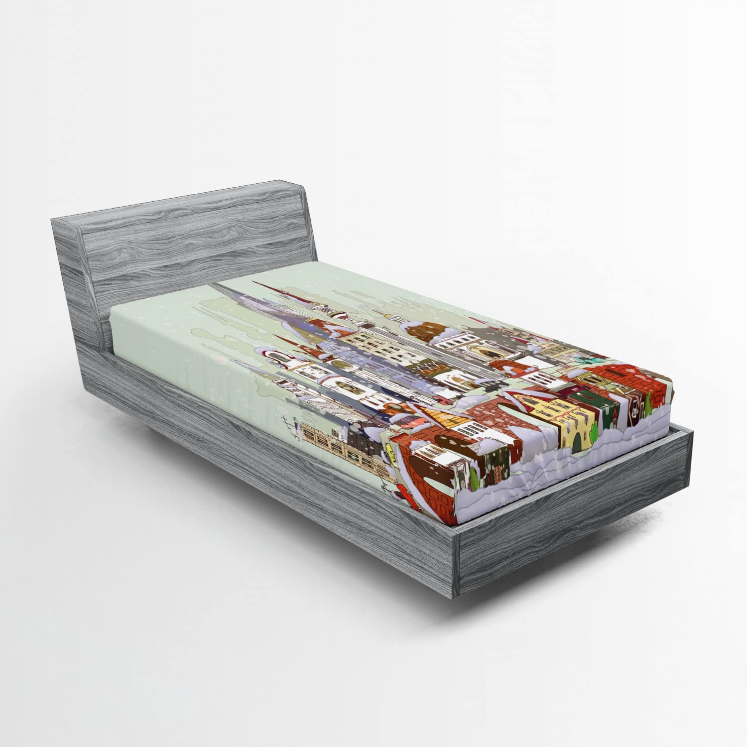 Ambesonne Christmas 2 Pack Fitted Sheet, Xmas City Holiday, Bed Cover All-Round Elastic Deep Pockets 2 Pieces, Package Contains 2 Twin Size Fitted Sheets, Green Lavender