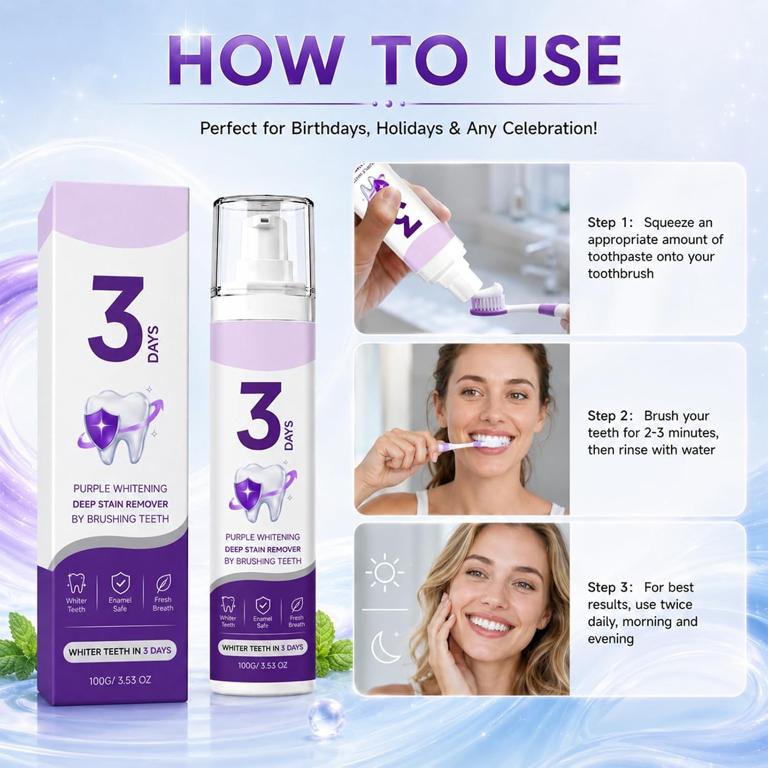 Purple Stain Brightening Toothpaste，Gradually Brightens Smile with Daily Brushing，Color Corrector Teeth Brightening Gel, Surface Stain Remover for Coffee, Tea & Wine, Enamel Safe Care, (100g) image 5