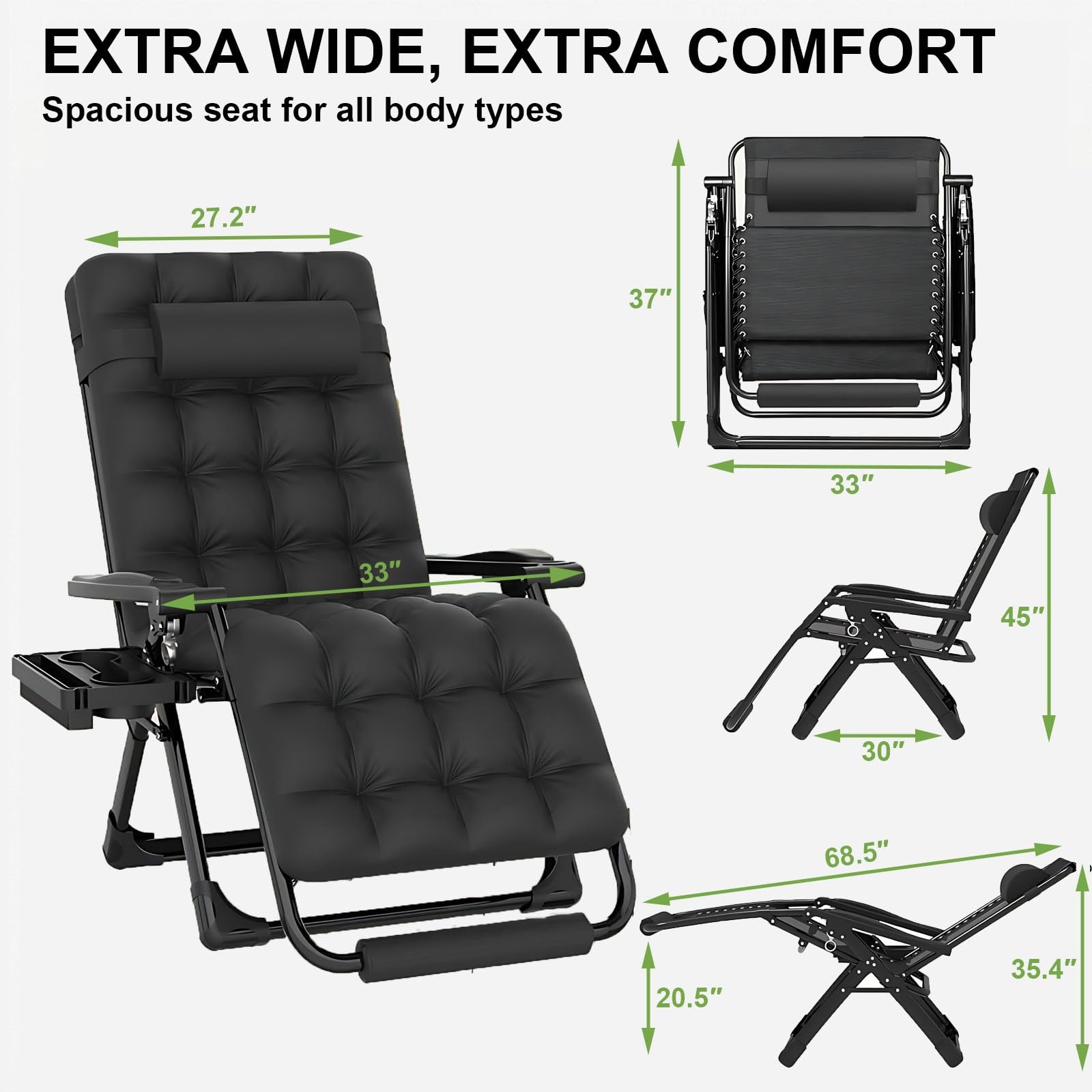 Poltrona Zero Gravity XXL 33" Sdraio Giardino Inclinabile 226kg con Cuscino Removibile 10cm Pieghevole Serratura Alluminio Sedia Relax Esterno e Piscina