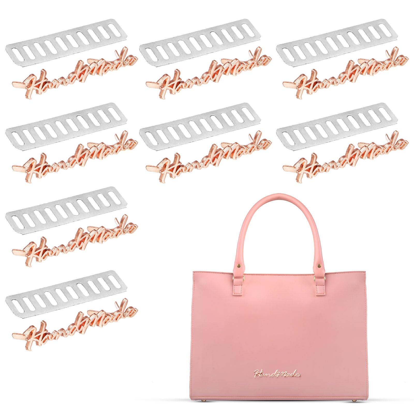 TIXIPEM 1.97 x 0.39 in Handmade Metal Letter Tags Label [8PCS] - Hand Made Purse Bags Sewing Labels with Shim Use for DIY Crafts & Bags Making & Accessories - [Rose Gold]