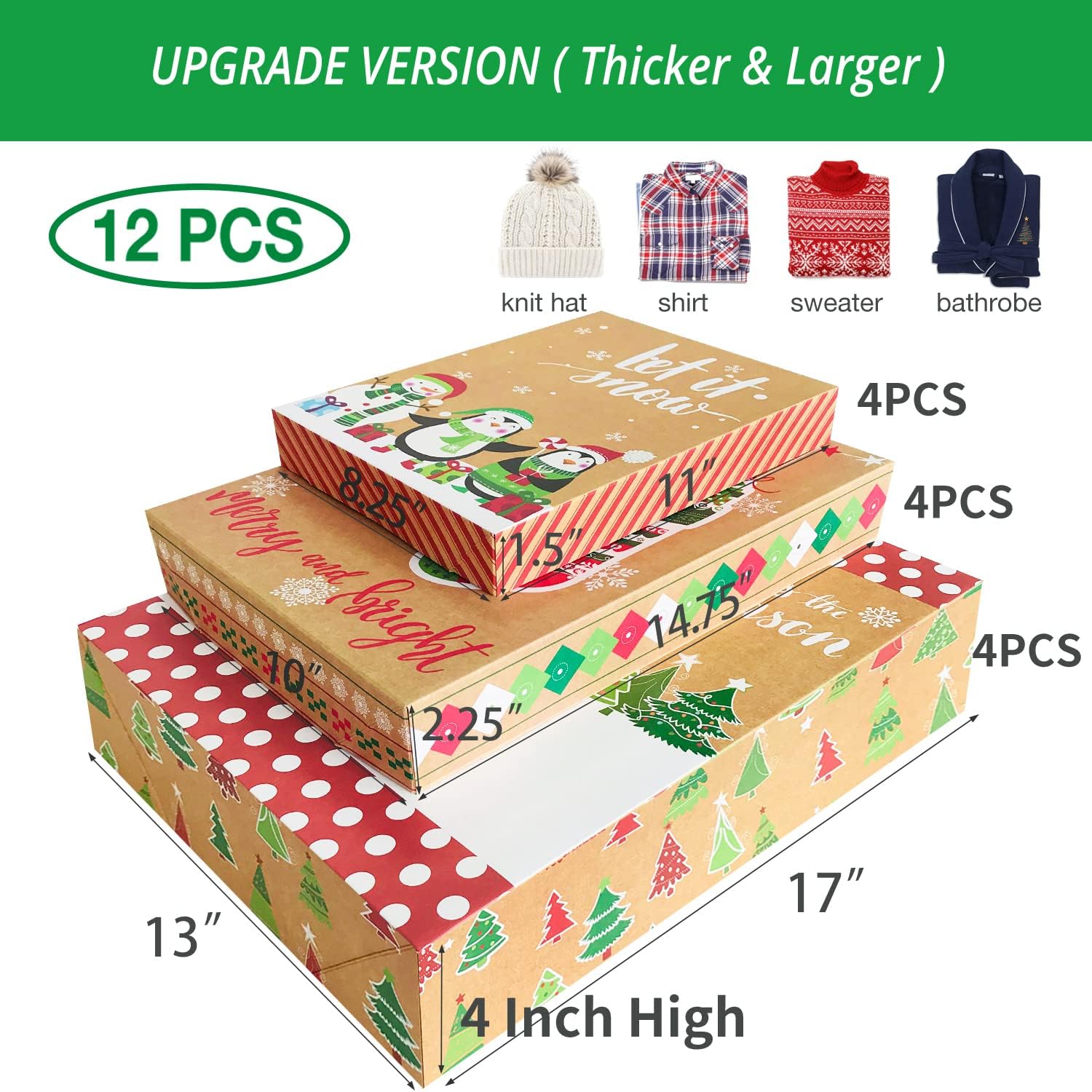12 Kraft Christmas Gift Boxes with Lids for wrapping Large Clothes and 80 Count Foil Christmas Tag Stickers (Assorted size for wrapping Robes ,Sweater, Coat Shirts and Clothes xmas Holiday Present)