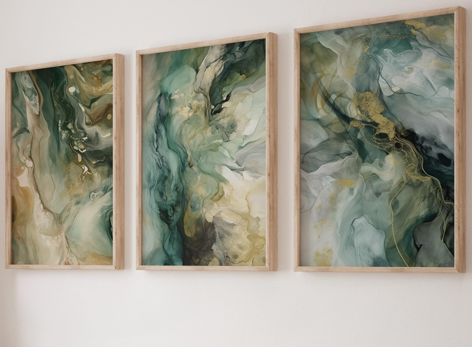 Green Liquid Marble Set of 3 Unframed Wall Poster Prints, Liquid Marble Textures, Bedroom Bathroom Living Room Kitchen Office Home Decor, Modern Abstract Wall Art (A3)