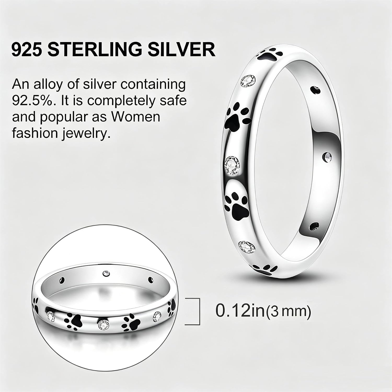 925 Sterling Silver Paw Print Ring for Women Cat Dog Pinky Ring Stackable image 5