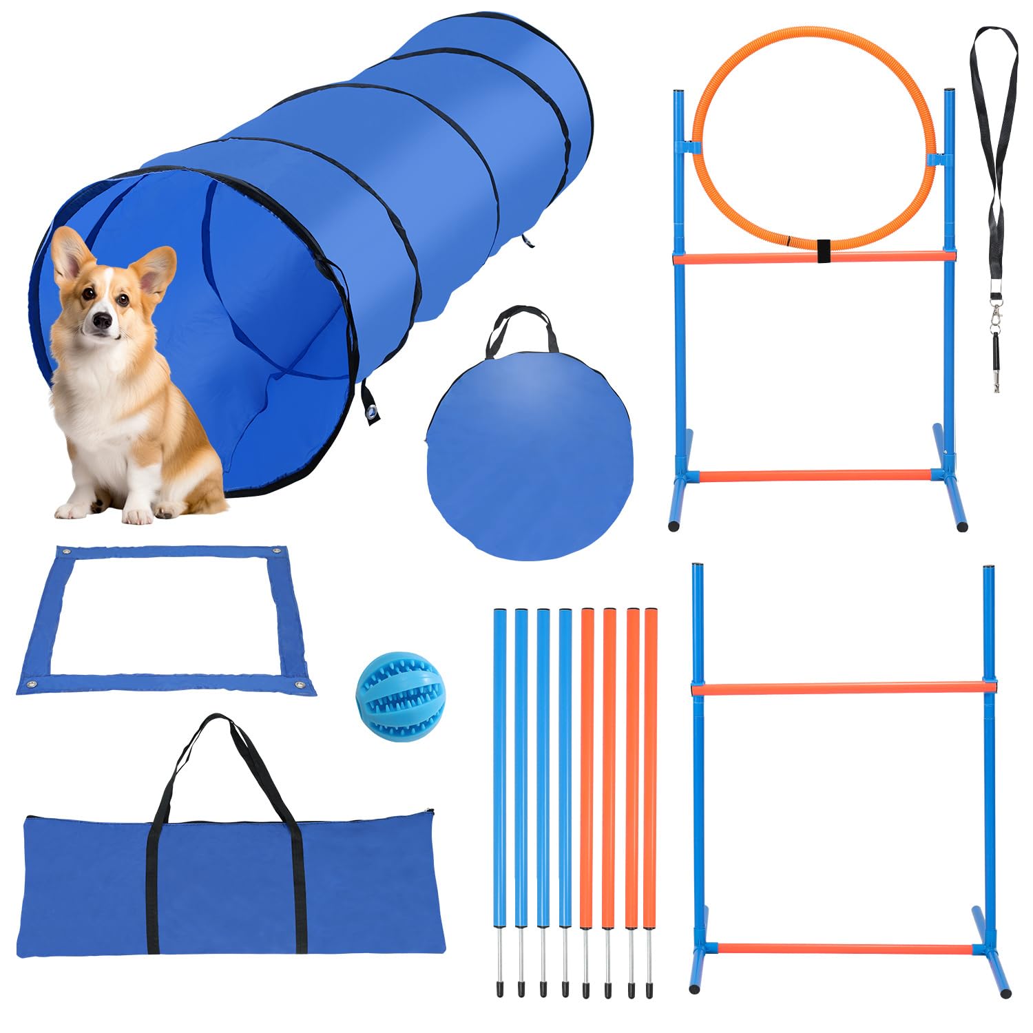 Agility Set Hunde,5-teilig mit Hundetunnel,Slalom,Hürde,Sprungring | Agility-Ausrüstung für Hunde,8 Slalomstangen,Höhenverstellbar,Tragetasche,Hundetraining,Hundesport,Garten oder Park