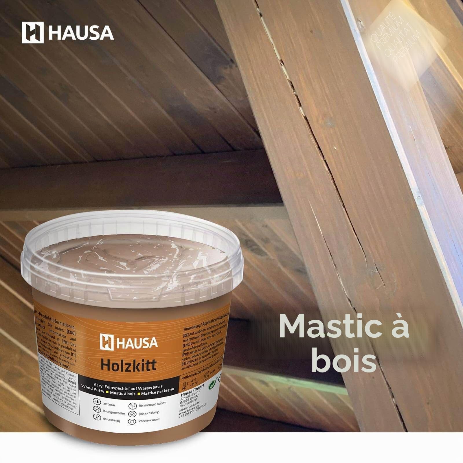 Hausa Mastic bois acrylique 1 kg Noir - Réparation bois - Séchage rapide - Résistant