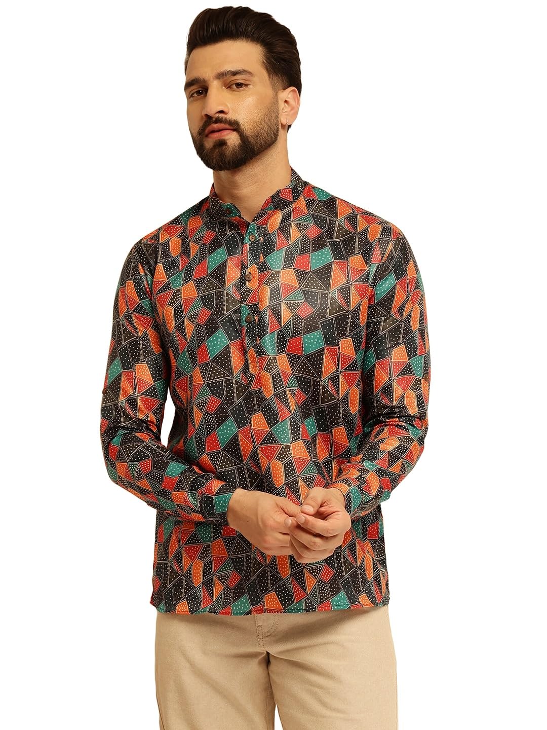 sojanya (Since 1958 Men's Cotton Linen Only Short Kurta with Mosaic Print-picture-17