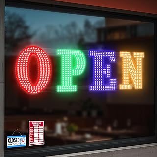 30'' x 10" Large Open Signs for Business, Super Bright LED Open Closed Sign with Hanging Installation, Light Up Sign for Bar Store Restaurant Office Hotel Salon Red&Green&Blue&Yellow