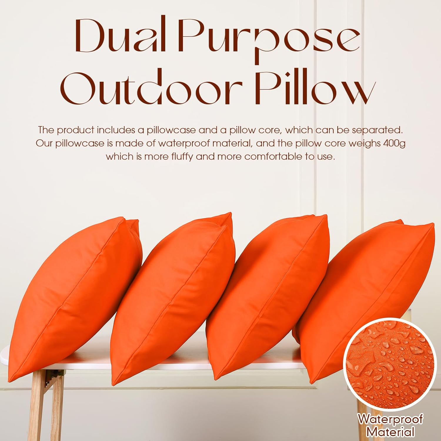 4 Set Waterproof Orange Outdoor Throw Pillow Covers with 4 Pillow Inserts 18x18 Inch Decorative Waterproof Throw Cushion for Sofa Couch Home Patio
