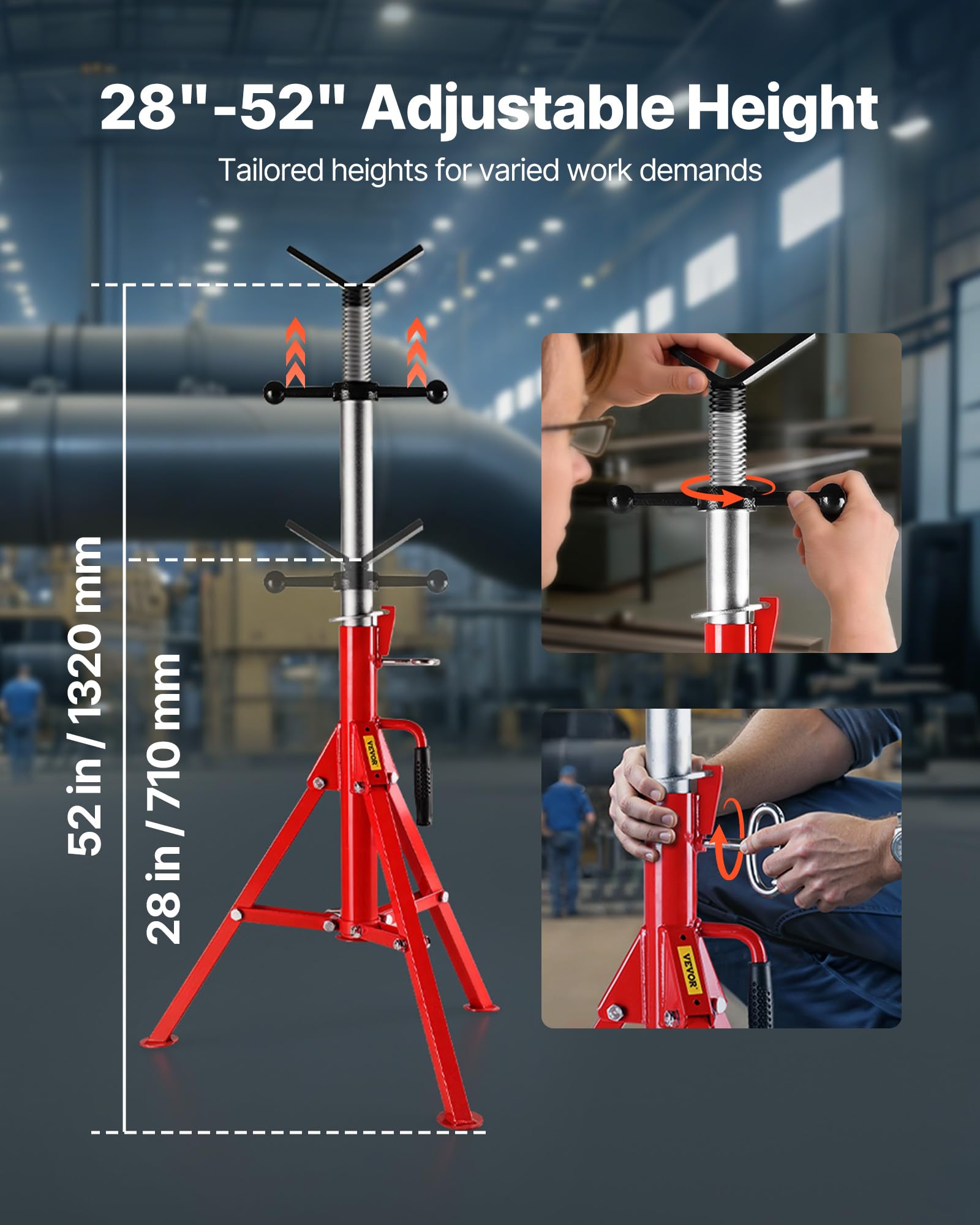 Supporto per Tubo Pieghevole con Testa a V e Trasferimento a Sfera e Gambe Pieghevoli, Cavalletto per Tubi, 4500lbs/2 T, Altezza Regolabile da 28-52 pollice Tipo 1107C