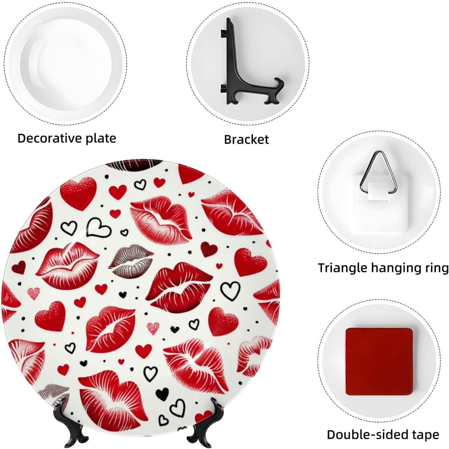 Valentine-Lip-Heart 10 Inch Decorative Plate With Stand, Elegant Display Wall Plate For Home Decor