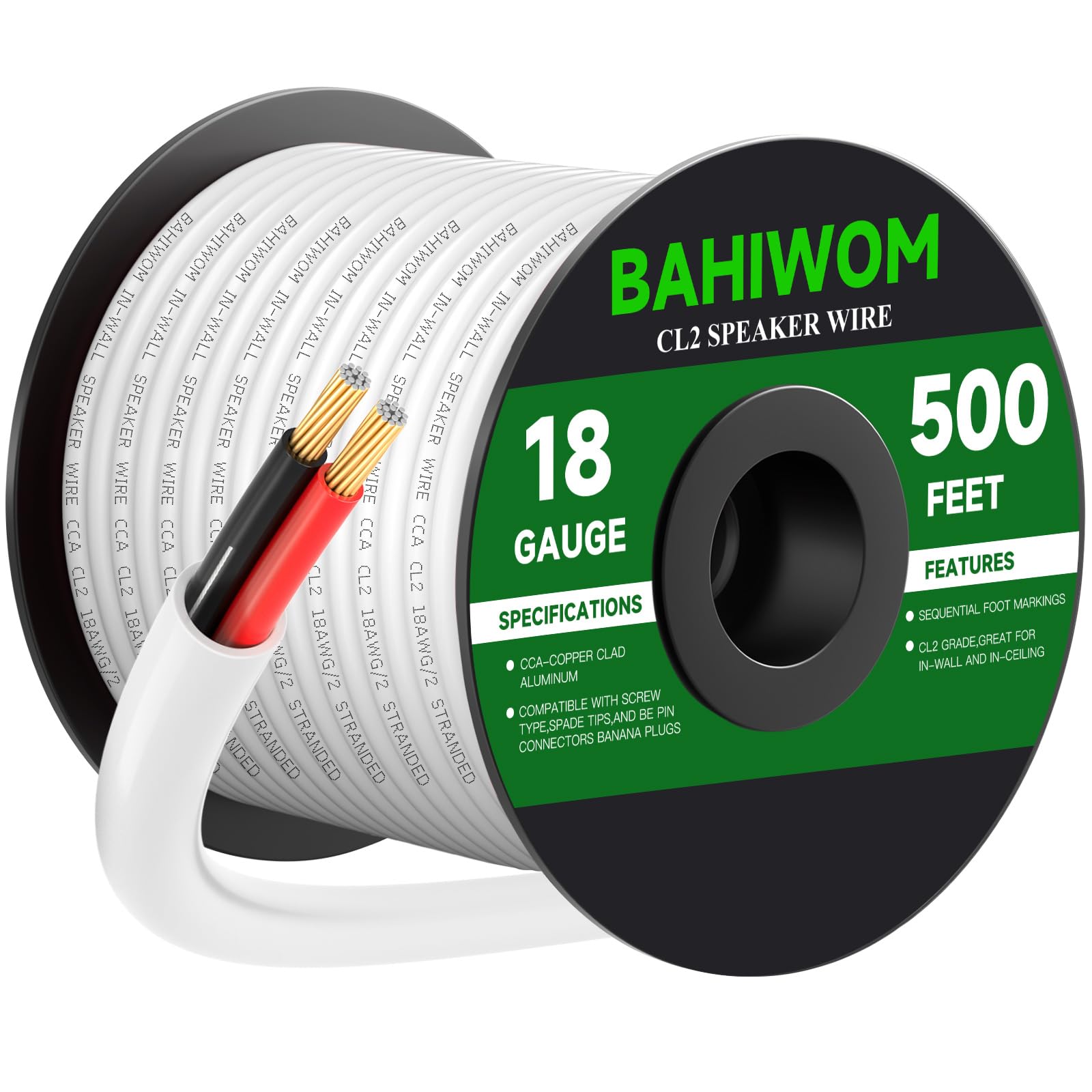 Cable de altavoz de calibre 18 blanco de 2 conductores CCA 8