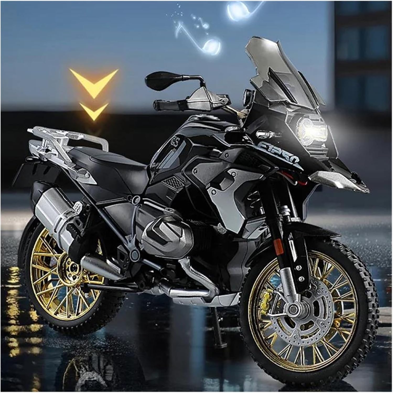 HASCBUYC 1/10 Compatible with R1250 GS ADV Metal Diecast Racing Motorcycle - Precision-Crafted Craft with Sound & Light, Convertible Fairing & Removable Guards for Motorsport Enthusiasts Gift(Black)