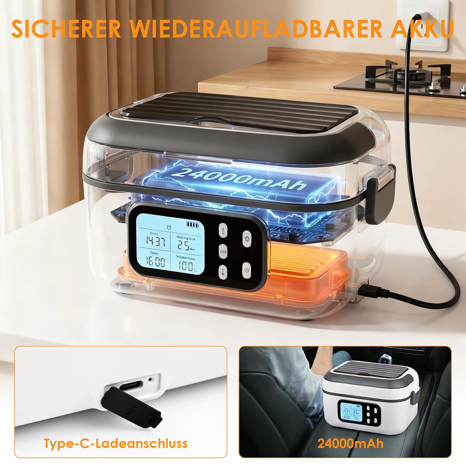 Dreamhigh 1,5 L Elektrische Lunchbox Mit Akku mit 24000 mAh, Lunchbox Elektrisch mit Auslaufsicheres Design & zeitgesteuerter Aufheizfunktion für Auto, Arbeit & Camping (weiß)