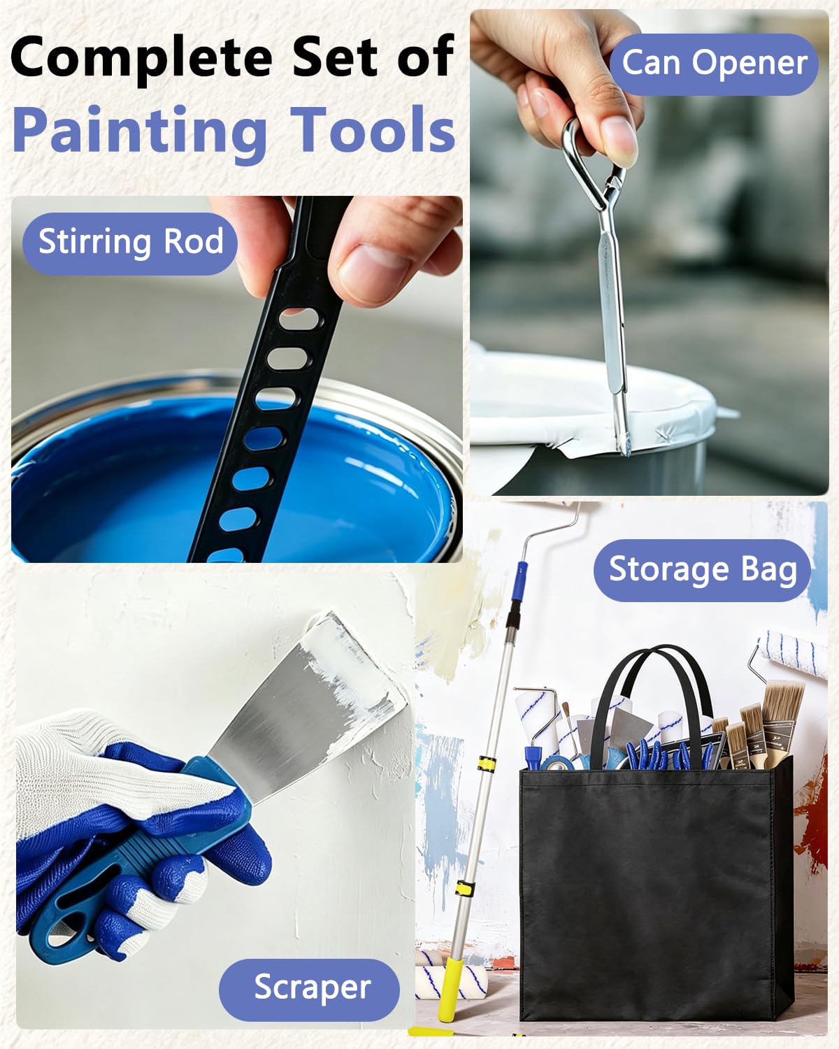 Set di 31 rulli da pittura con asta di estensione da 0,6 a 1,2 m, rulli da 22,9 cm e 10,2 cm e vassoi da 22,9 cm, per pareti e soffitti, kit professionale per pittura domestica con pennelli