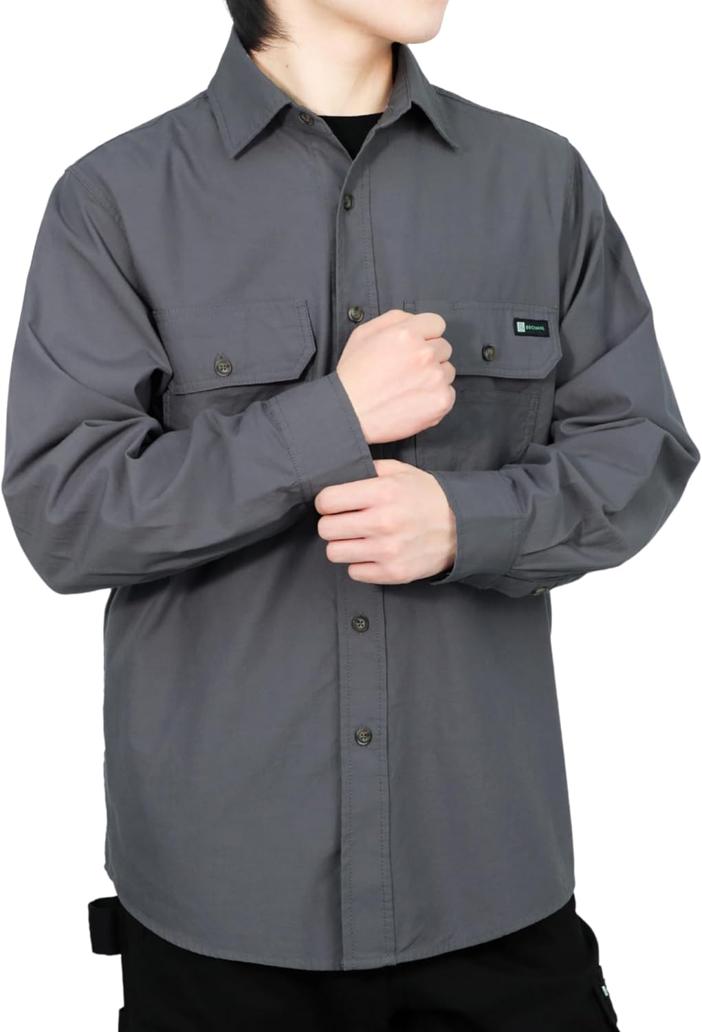 BOCOMAL Men's Work Shirts Button Down Long Sleeve Relaxed Fit - Lightweight 100% Cotton Chambray, EX-Soft, Utility Pockets