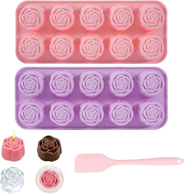 Moldes de silicona para chocolate, 2 unidades de 20 cavidades de flores con espátula, molde antiadherente para hornear chocolate, gomitas, gelatina, cubitos de hielo (flor de rosa, juego básico)