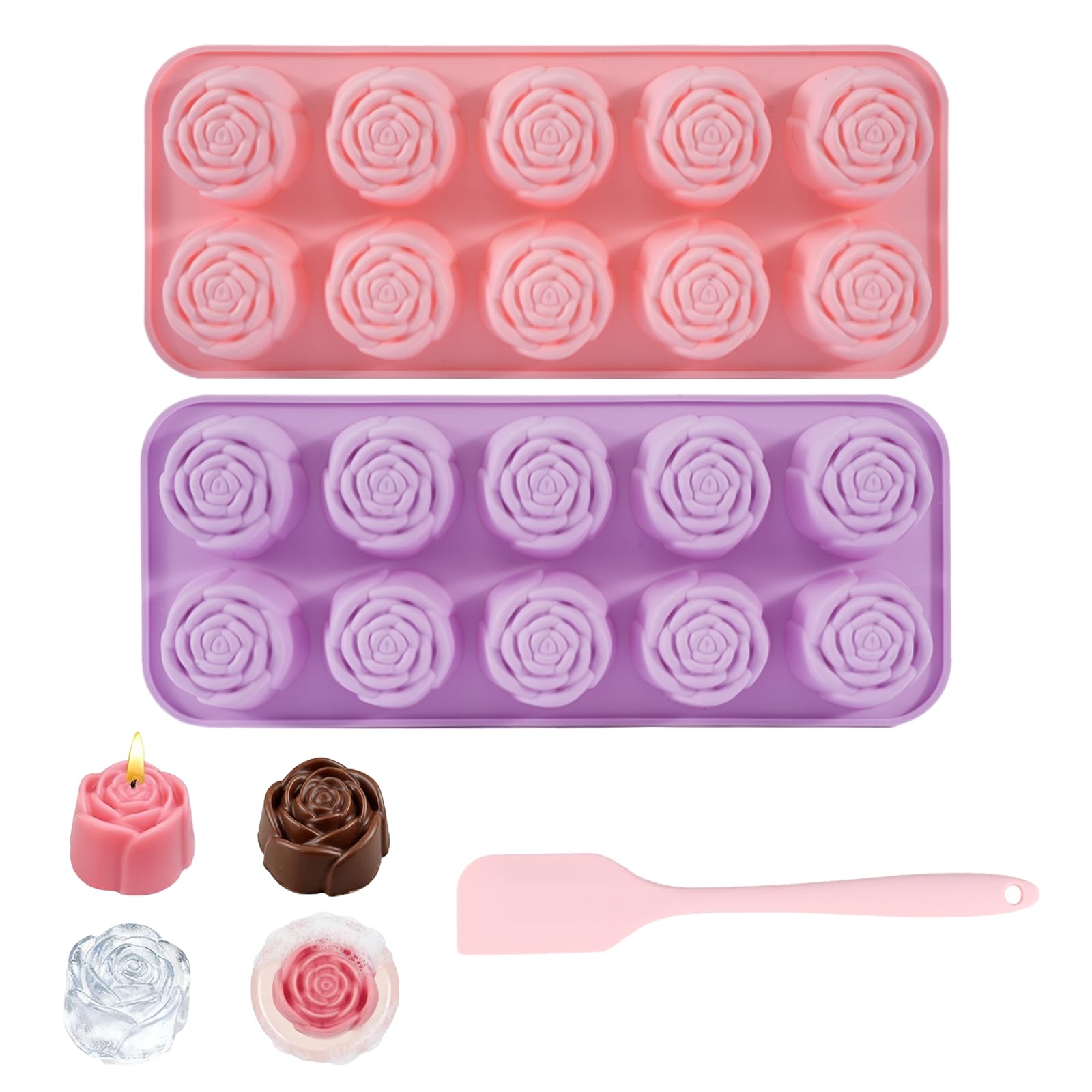 Photo 1 of 2 Packs Rose Silicone Chocolate Molds with Silicone Spatula 20 Cavities Food Grade Non Stick Heat Resistant for Valentines Day Baking Truffles Candy Gummies Ice Cubes Soap Candles (Pink/Purple)