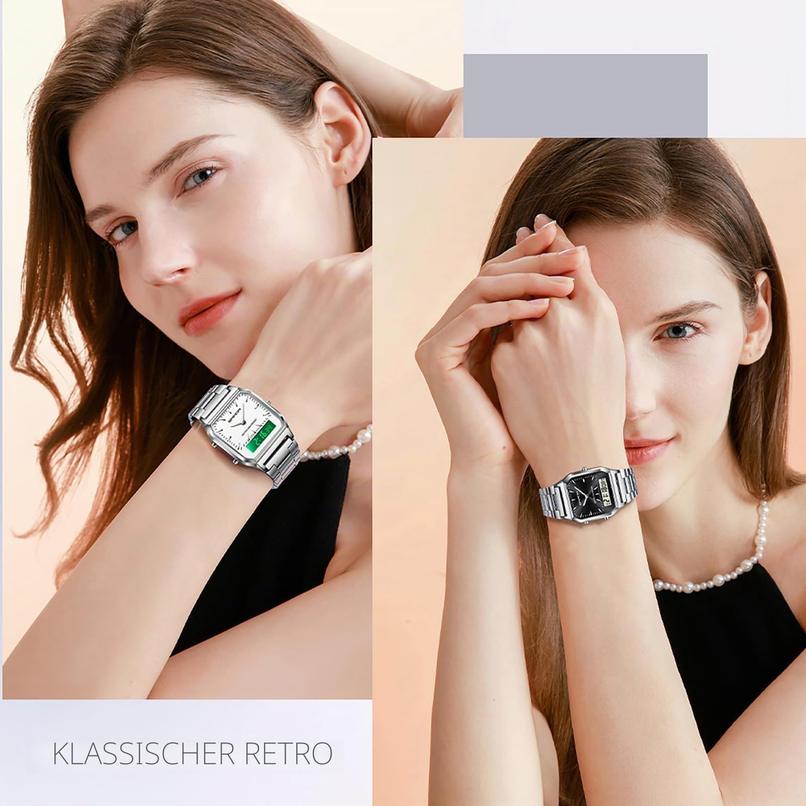 findtime Uhren Damen Herren Retro Business Klassische Quadratische Armbanduhr Edelstahlarmband Analog Digital 5ATM Wasserdicht LED Datum Wochentag DREI Zeitzonen Luxus Uhr
