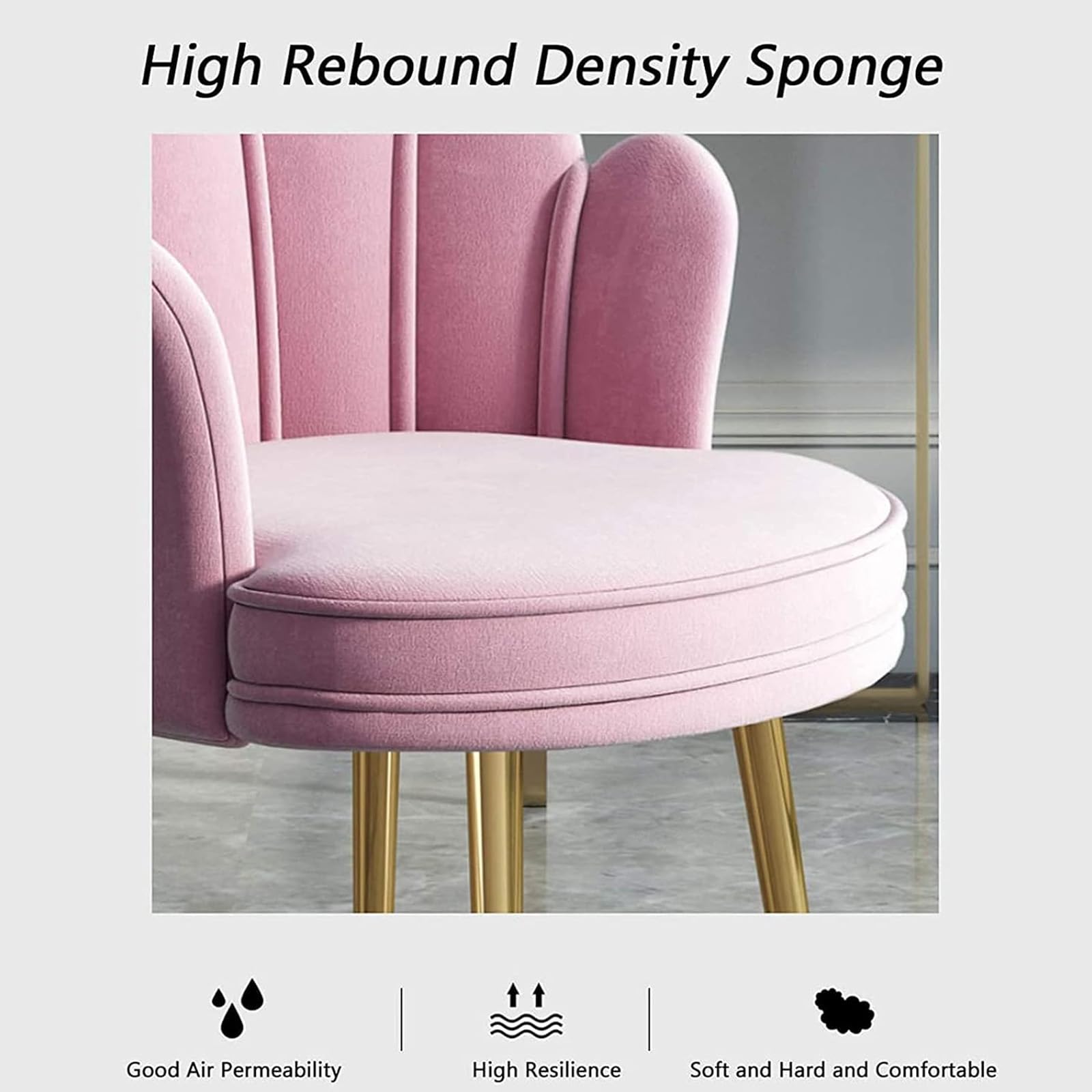 Silla de comedor de terciopelo con respaldo de pétalo, taburete moderno para el ocio, sillón de ocio con patas de metal, silla de oficina elegante, altura del asiento 47 cm, elegante asiento tapizado