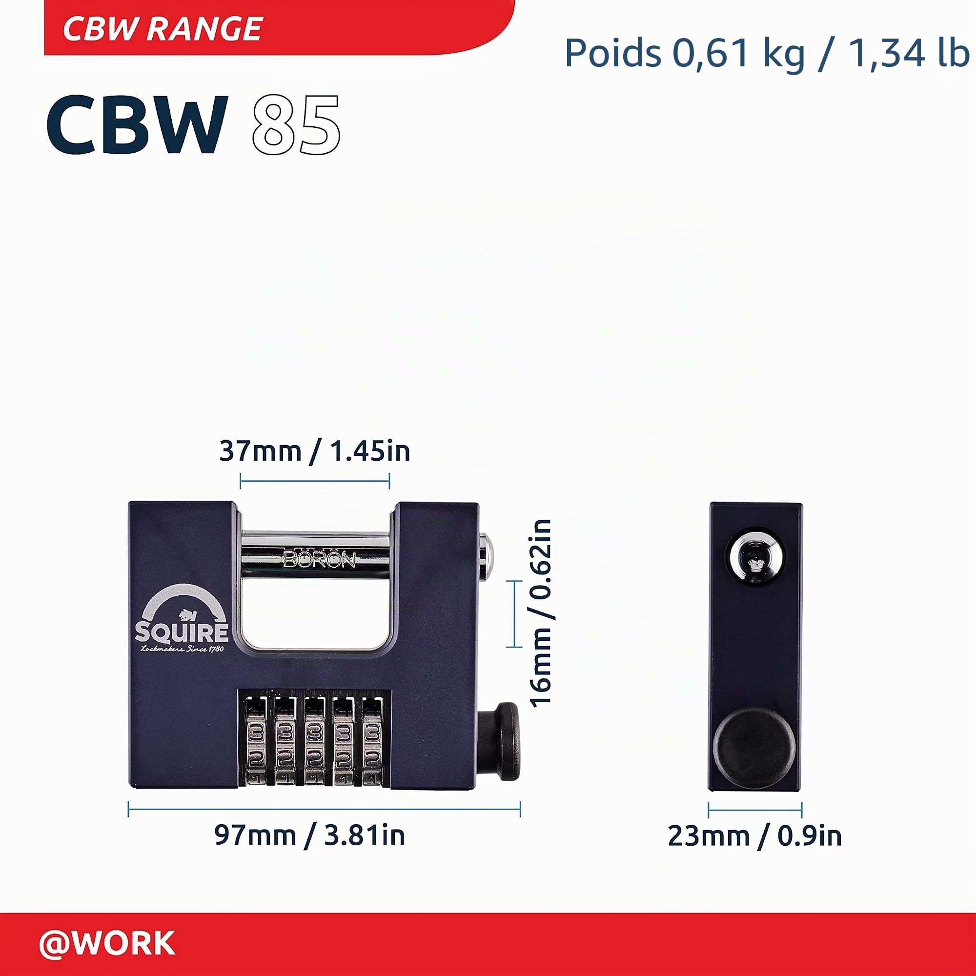 Squire Cadenas robuste (CBW85) - Anse rotative la plus robuste - Cadenas à combinaison à 5 roues - Alliage d'acier résistant à la corrosion - Serrure résistante aux intempéries