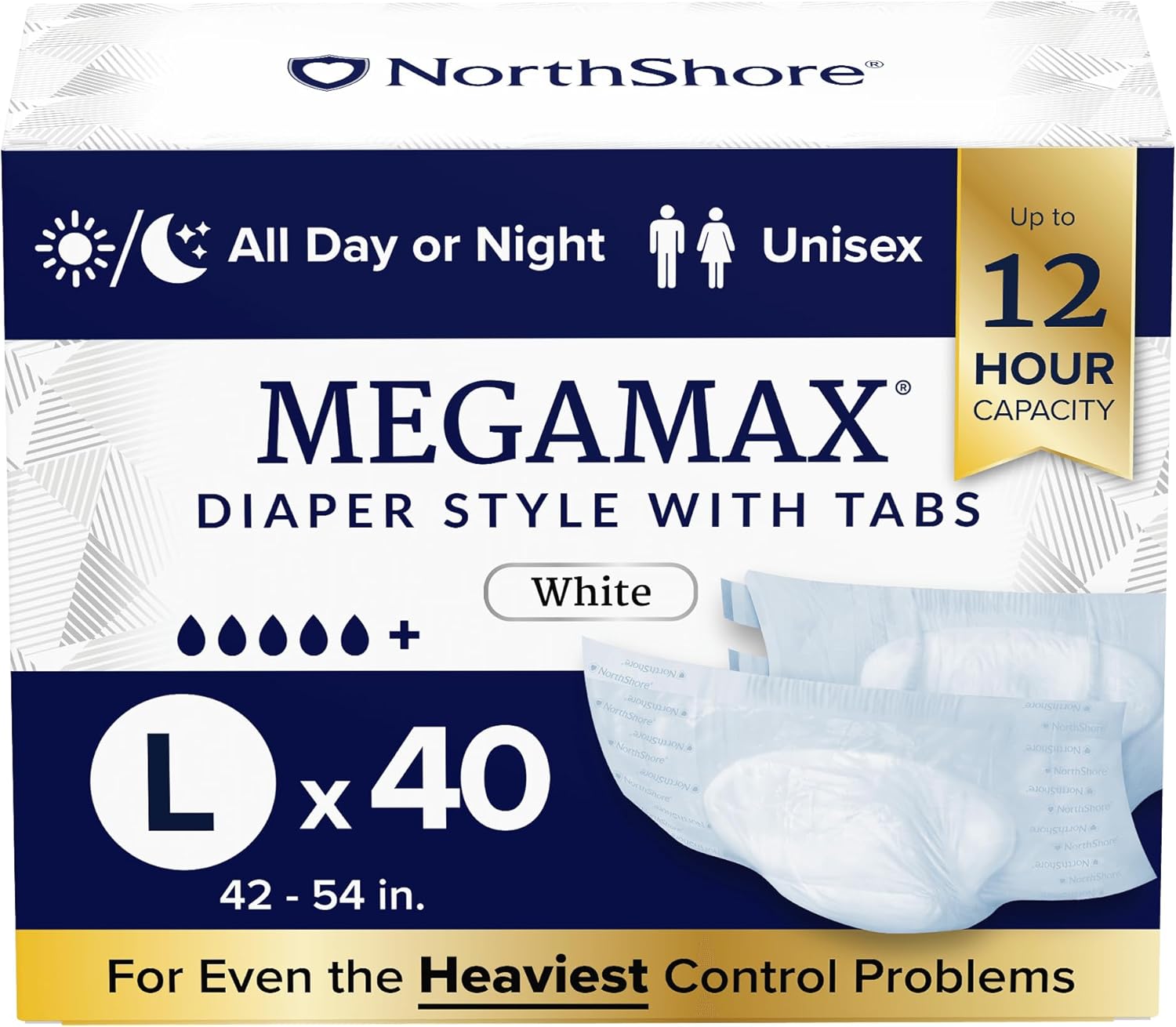 NorthShore MegaMax Adult Overnight Diapers, 12-Hour Tab-Style, Large, 40 Count Case, White, 42-54 inches, Unisex Incontinence Underwear