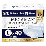 NorthShore MegaMax Adult Overnight Diapers, 12-Hour Tab-Style, Large, 40 Count Case, White, 42-54 inches, Unisex Incontinence Underwear