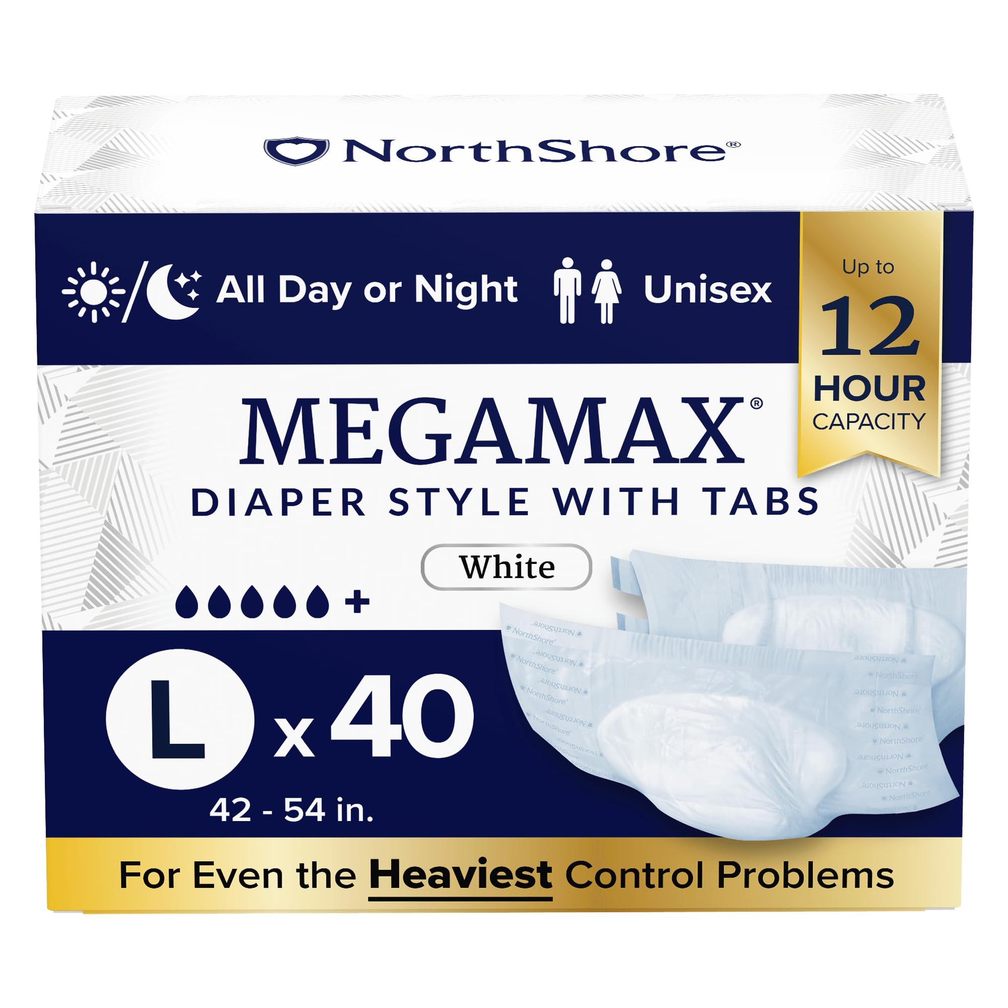 NorthShore MegaMax 12-Hour HBL Adult Diapers for Heavy Bladder Leaks, Large, 40 Count, White, 42-54 inches, Tab-Style Incontinence Underwear for Men,