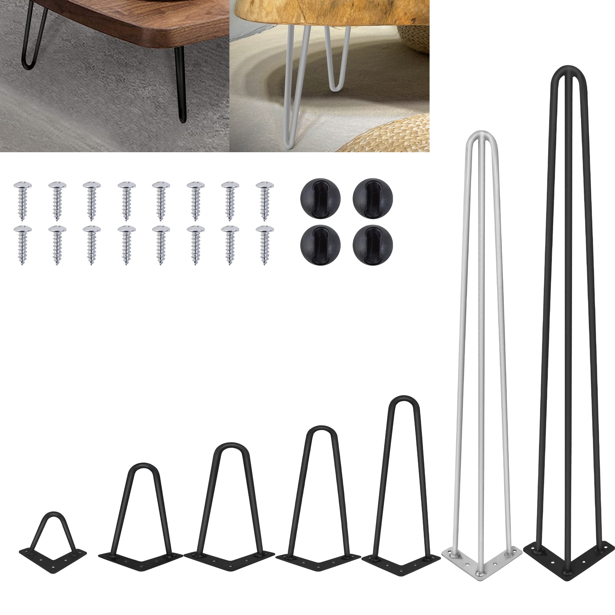 ANSIMIDA 28 Inch Hairpin Legs, Heavy Duty Metal Furniture Legs for Coffee Table, Chair, Bench, 3/8" inch Raw 3-Rod Iron Wire Legs for DIY Furniture, Free Screws & Protector Feet