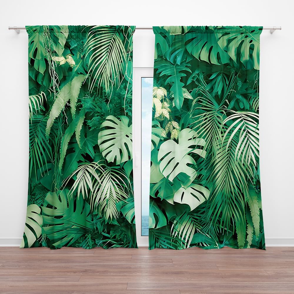 82 x 84 Inches Tropical Palm Leaves Summer Window Curtain Plant Jungle Garden Nature Eco Theme Plant Living Room Balcony Bedroom Decoration Window Decor Drapes 2 Panel
