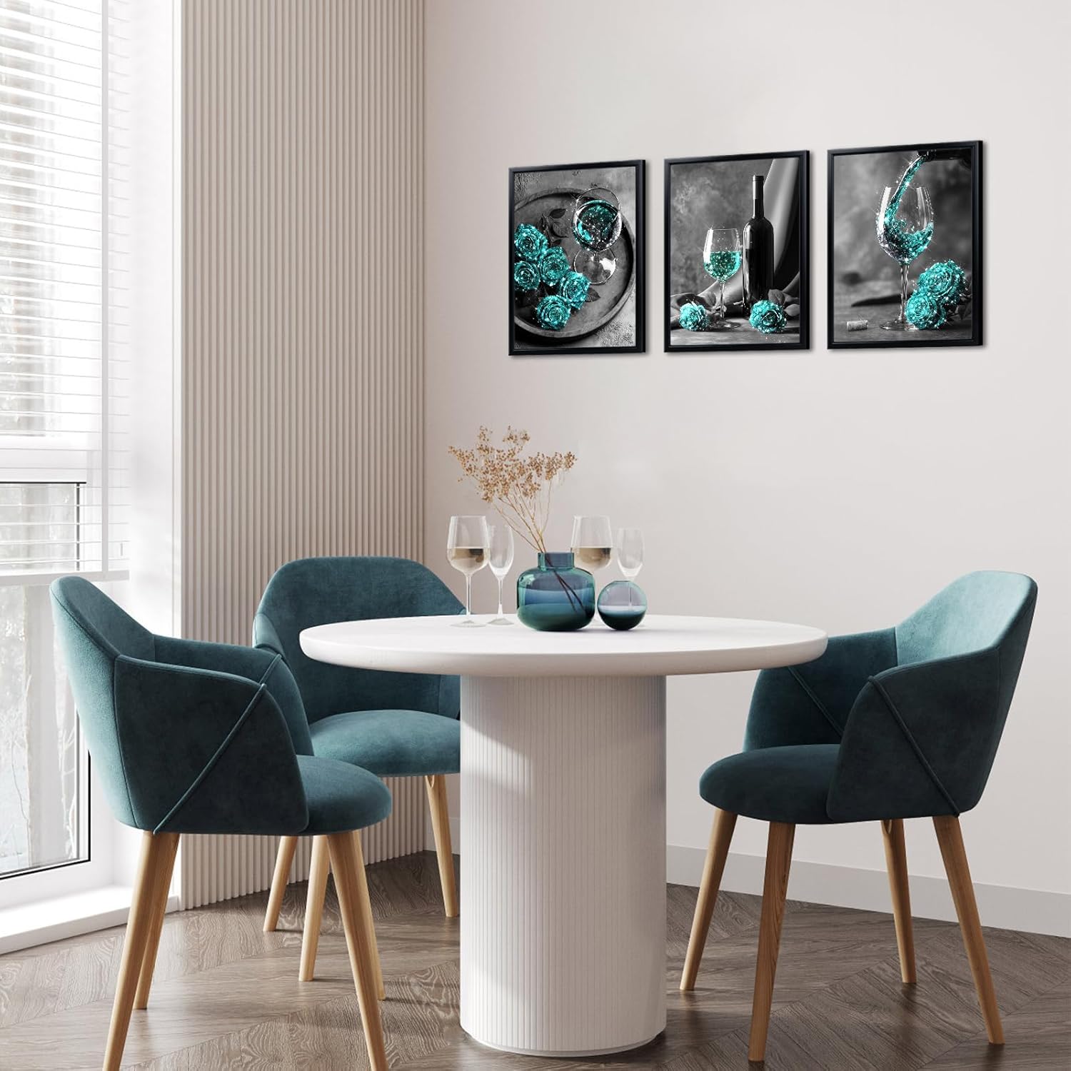 Visual Art Decor Farmhouse Kitchen Wall Decor Wine Cups Rose Flower Painting Prints, Modern Dining Room Decor Pictures, Framed Canvas Prints,12x16inchx3Pieces (Teal)