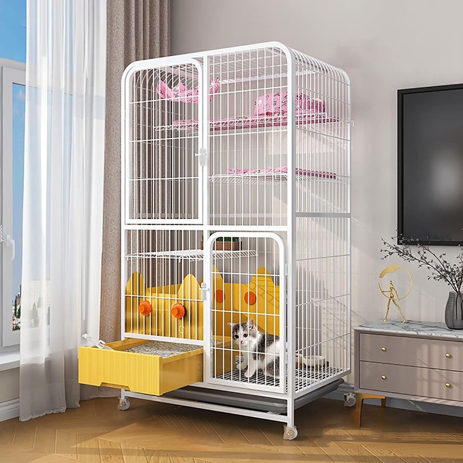 asdchZen Indoor Cat Cage With Litter Box - Large Cat Cages Cat Crate Cat Playpen With Wheels Metal Kitten Cage Small Animals - For Small Animal Puppies Kitties Bunny,White/Yellow,White-78x55x138cm