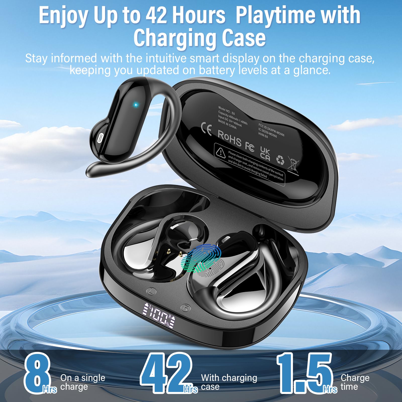 Cuffie Open-Ear, 42 Ore Auricolari Sportivi Bluetooth 5.4 con ENC Mic e Gancio Auricolare Air, IPX7 Cuffie Bluetooth con Display LED per Fitness/Corsa/Ciclismo, Controllo Touch, iOS Android