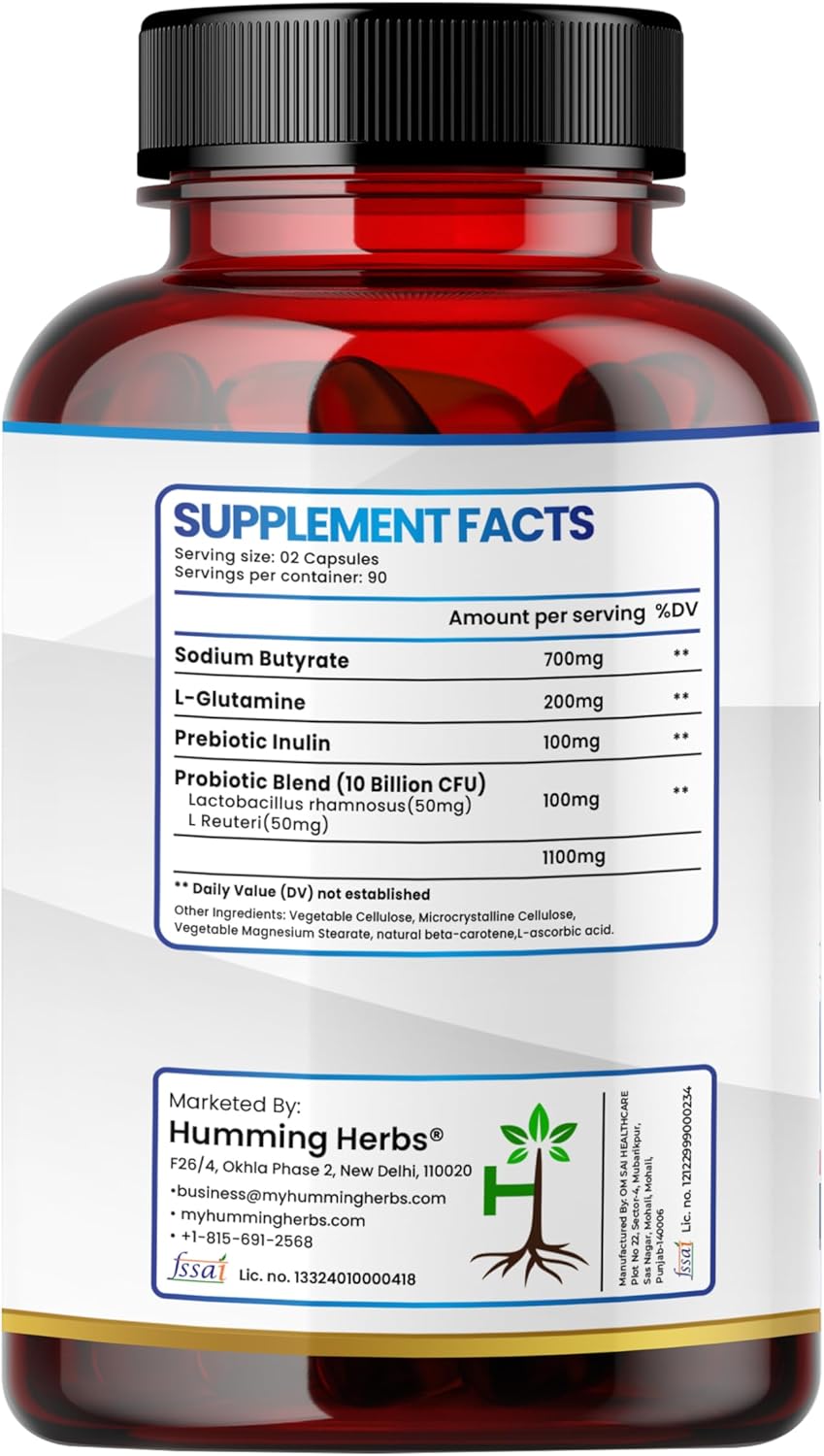 Humming Herbs Sodium Butyrate+ Capsules – 4-in-1 Digestive Support with L-Glutamine + Prebiotic Inulin + Probiotic Blend (10 Billion CFU) – Vegetarian (180)