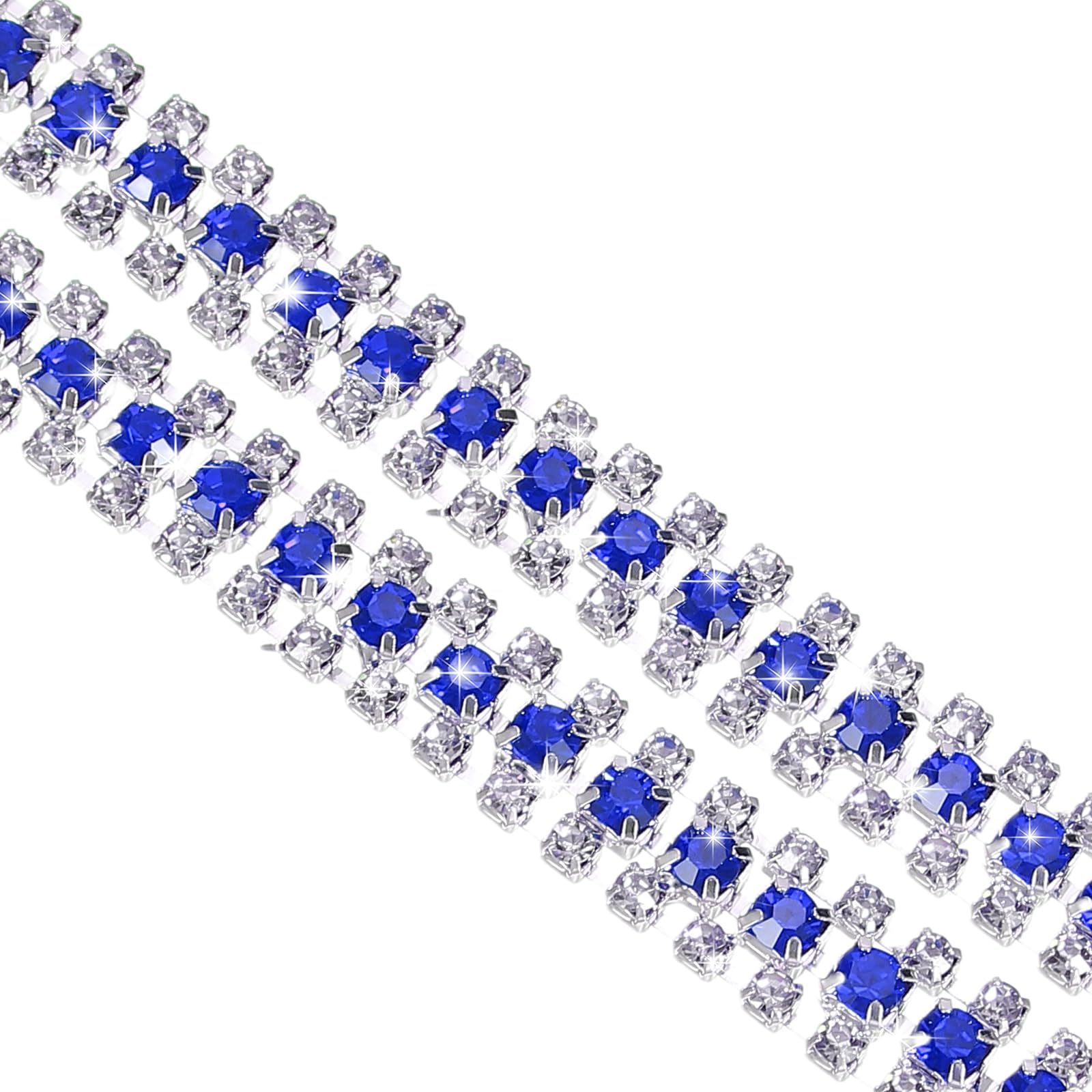 sourcing map 1 Yard 3 Rows Crystal Rhinestone Close Chain Trim, Crystal Diamond Strips Diamond Bling Sewing Embellishments (9mm, Dark Blue Rhinestone with Silver Base)