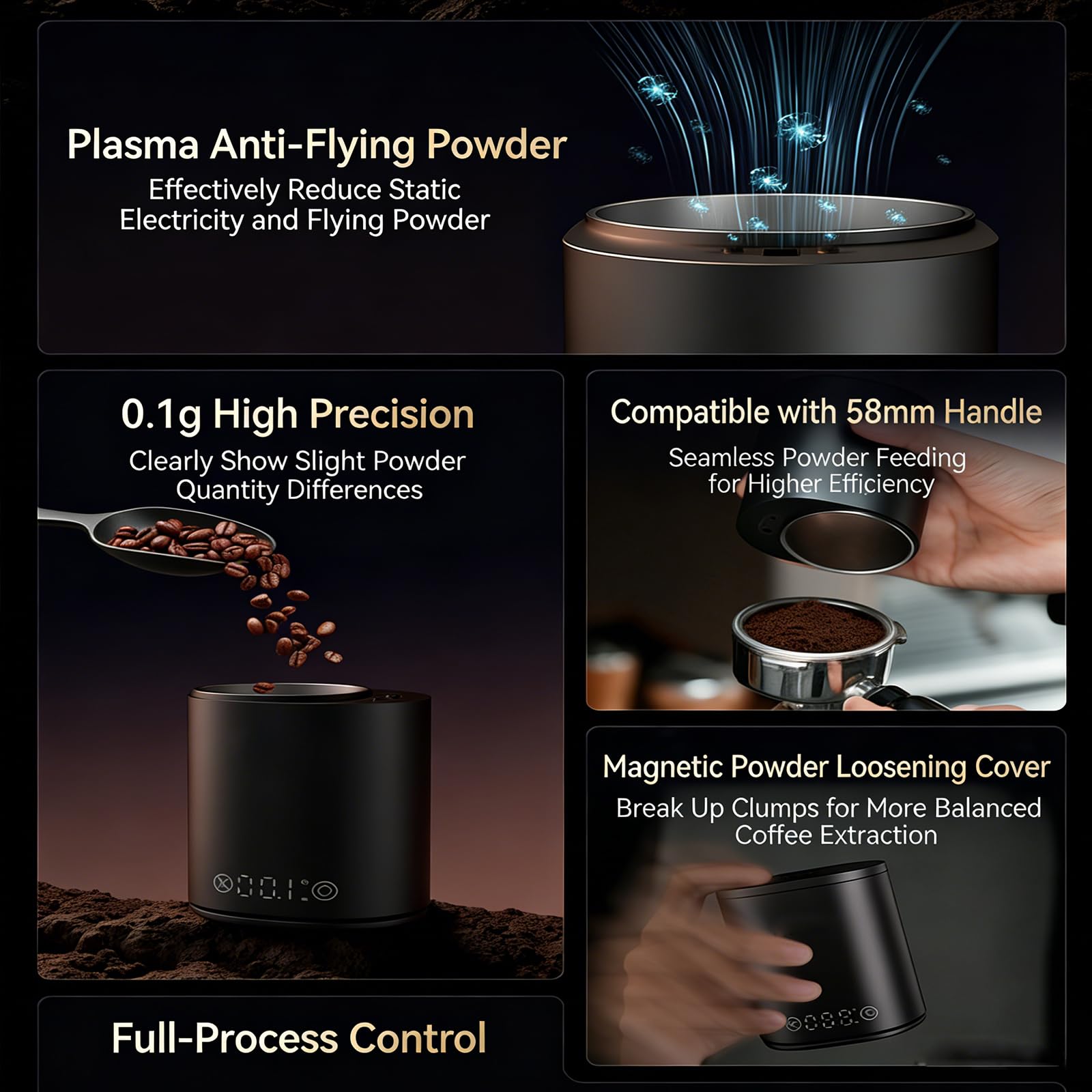 Smart - Taza dosificadora de café de precisión de 0,1 g, puerto de 58 mm y capacidad de 145 ml, modo de pesaje de 480 minutos para molienda de espresso y pesaje de granos de café