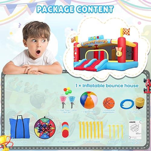 Miniatura 5 de Gran casa inflable de obstáculos para niños grandes, gorilas inflables para exteriores de 13 pies, aro de baloncesto doble, juego de pelota de