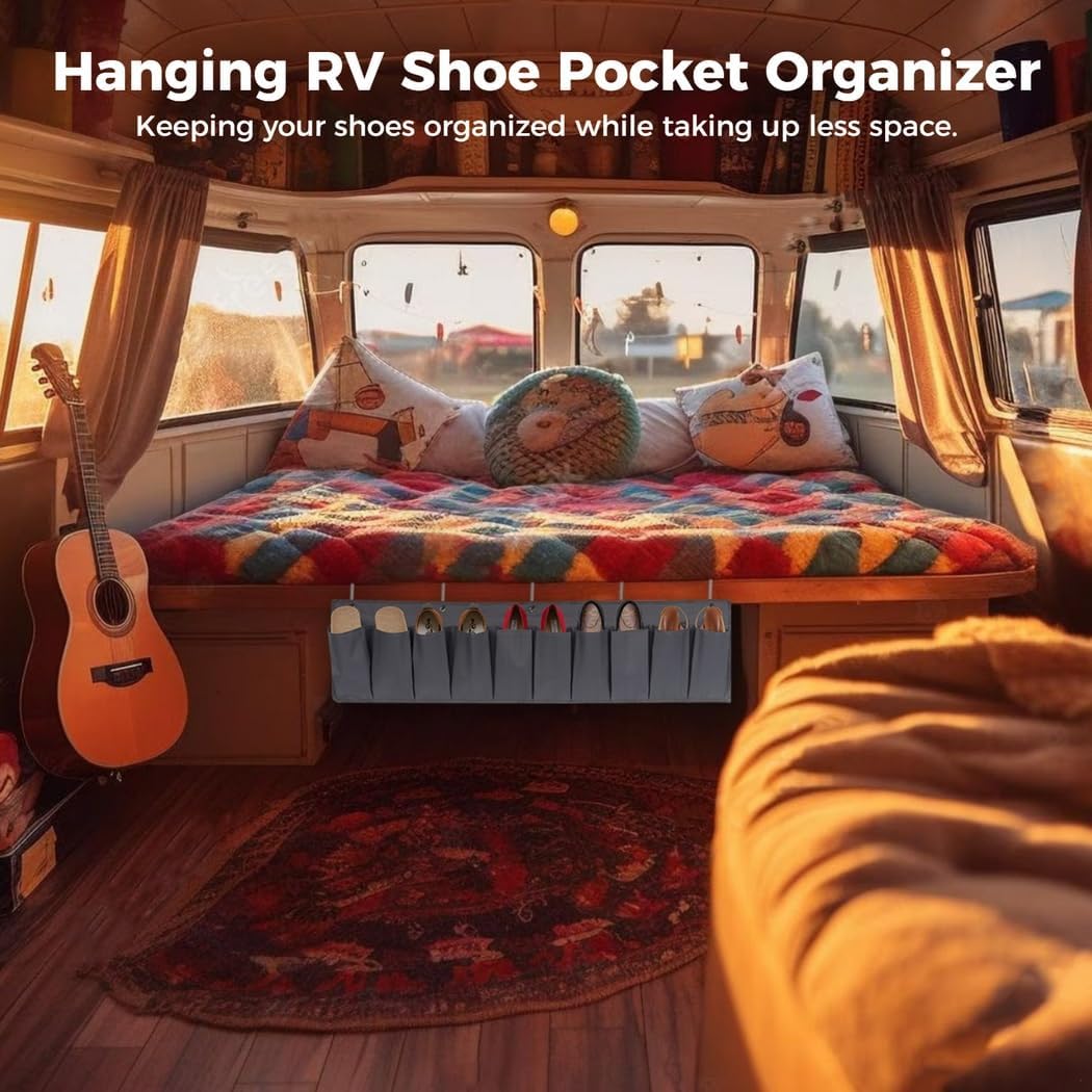 Rv Shoe Storage Organizer, Waterproof Oxford Hanging Bag With 10 Pockets & 5 Hooks, Versatile Storage For Shoes, Toys, Tools, And More