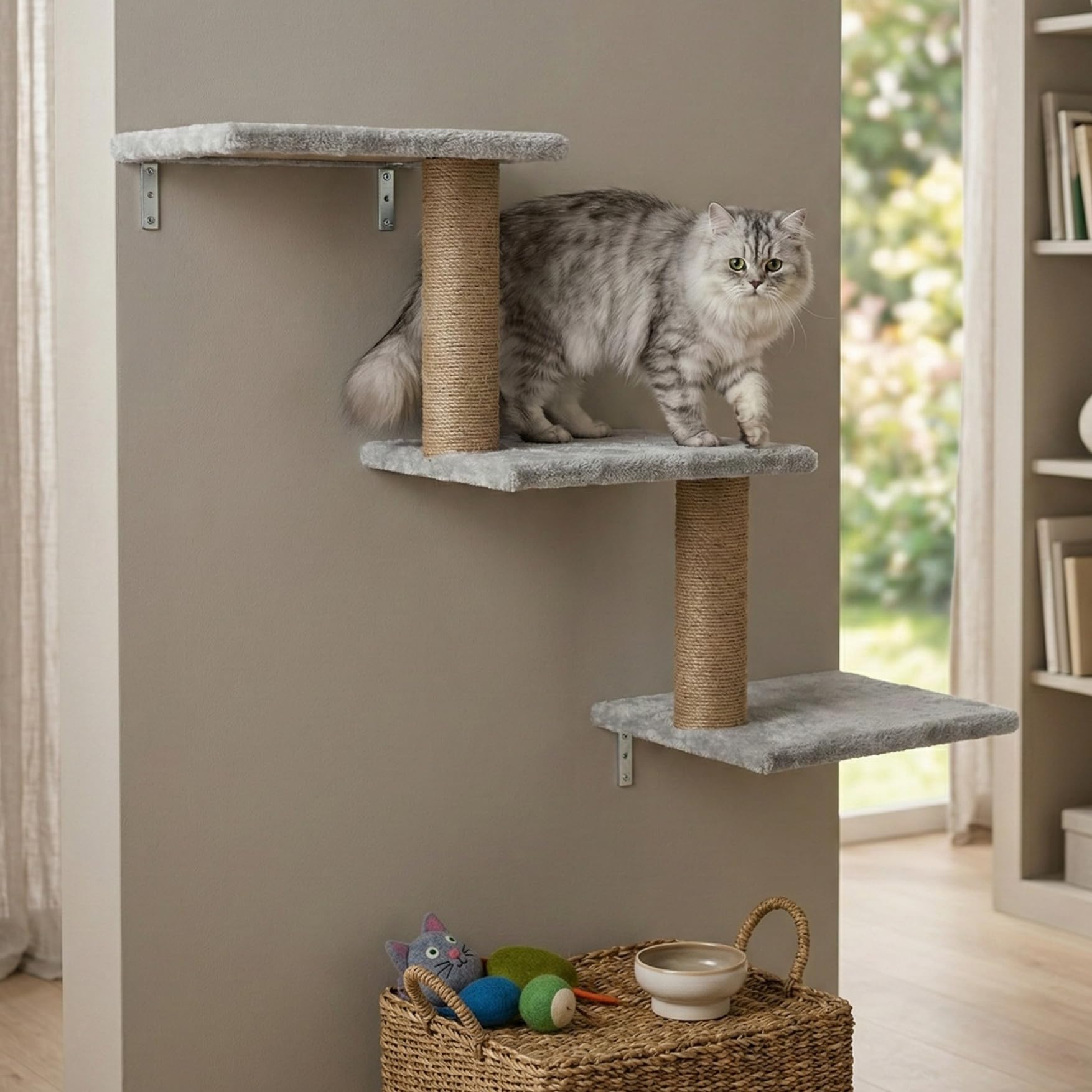 - Wall-Mounted Cat Climber, Multi-Level Cat Tree with Jute Scratching Posts, Grey Plush Platforms, Space-Saving Corner Design (30X35X14 INCH) FURR-158 (Grey)