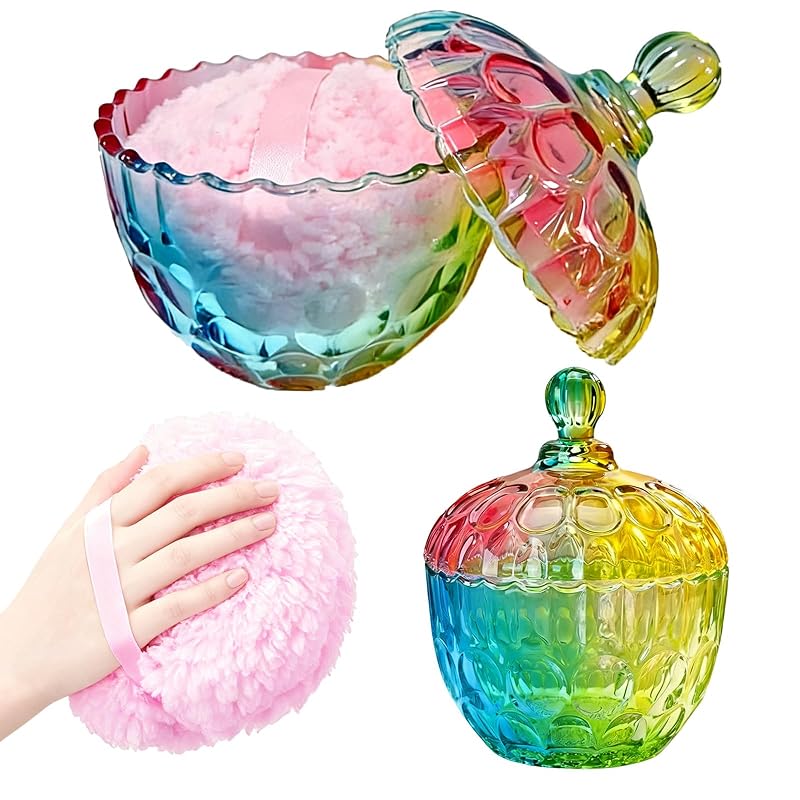 Pote de vidro HMRCYTE para pó corporal com puff, 14,48 x 14,48 x 17,78 cm