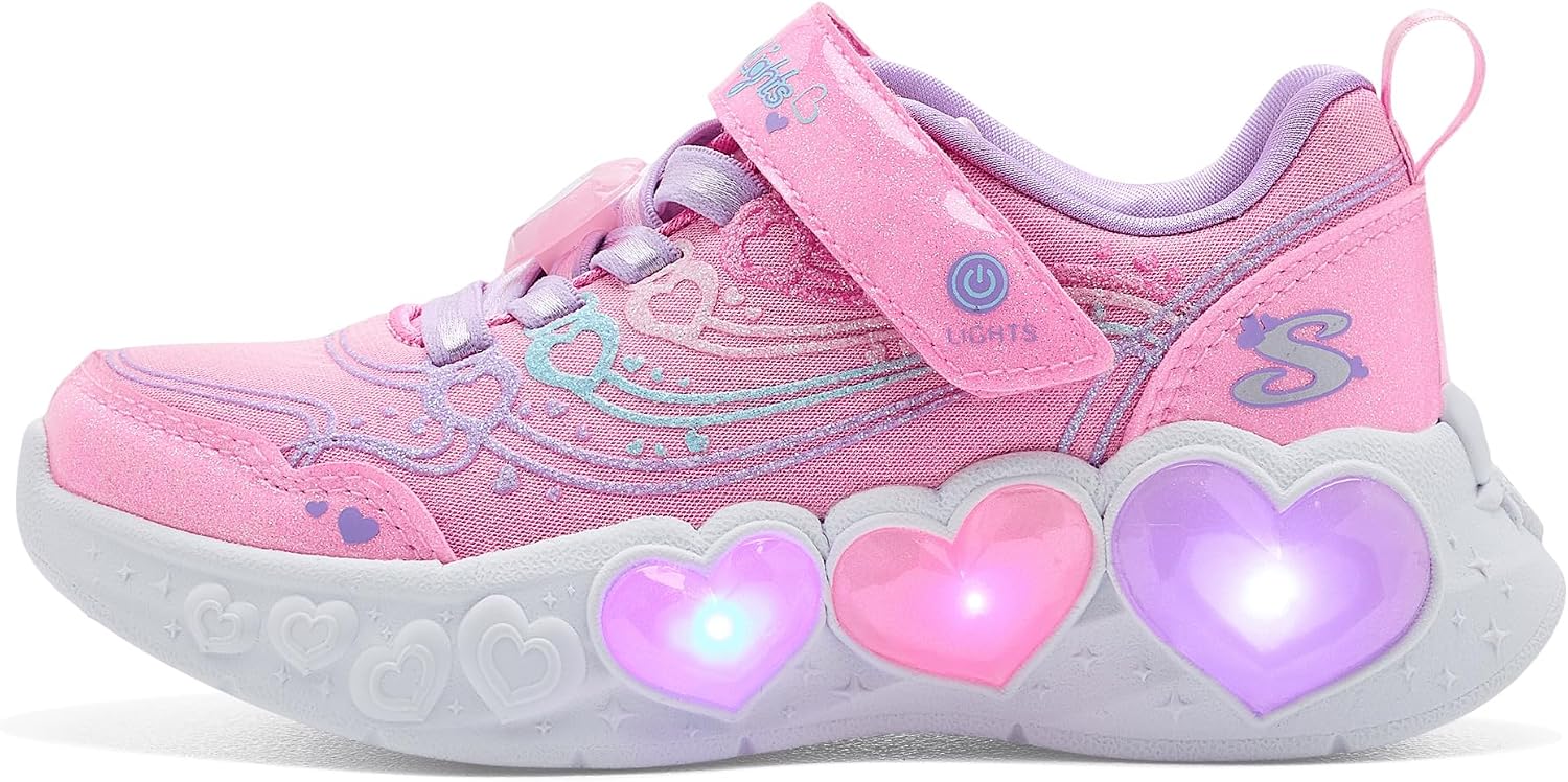 Skechers Girls' Enchanted Heart Lights Light-up Sparkle Mesh Sneakers | Casual, Light-Up, Adaptive Closure, Sparkle Mesh, Cushioned Insole