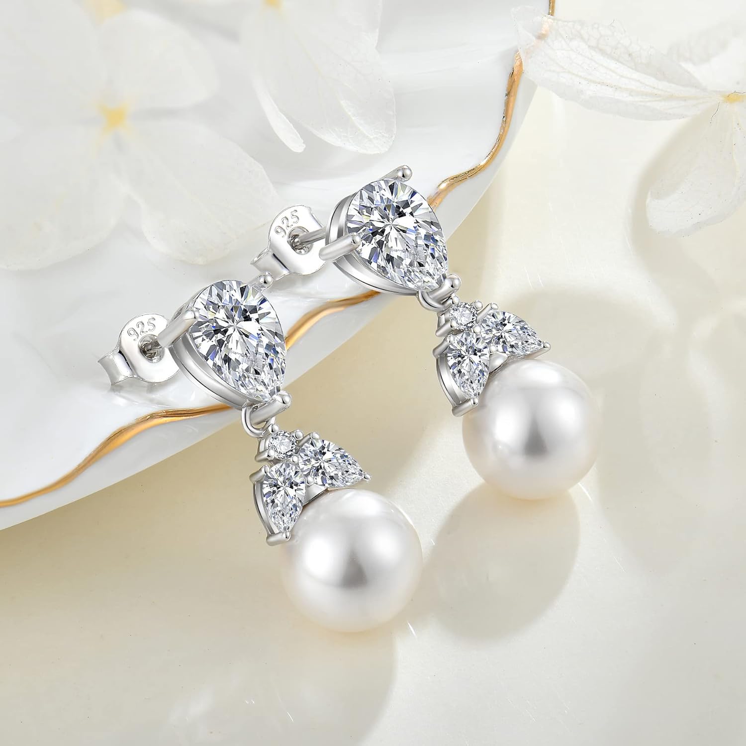 Women Pearl Earrings 925 Sterling Silver Teardrop Cubic Zirconia Pearl Dangle Bridal Wedding Earrings with 10mm Simulated Pearl Birthstone Earrings for Women Gift - Image 3