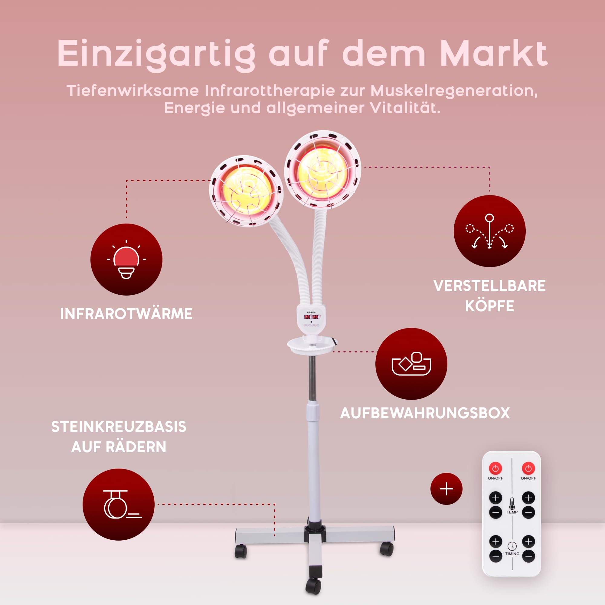 Infrarotlampe | Doppel – Rotlichtlampe 2 x 300Watt | Wärmelampe| Infrarotlichtlampe | 360° Verstellbar mit Rädern | Infrarottherapie | Rotlichtstrahler | IR-A | Kurzwellige Strahlung