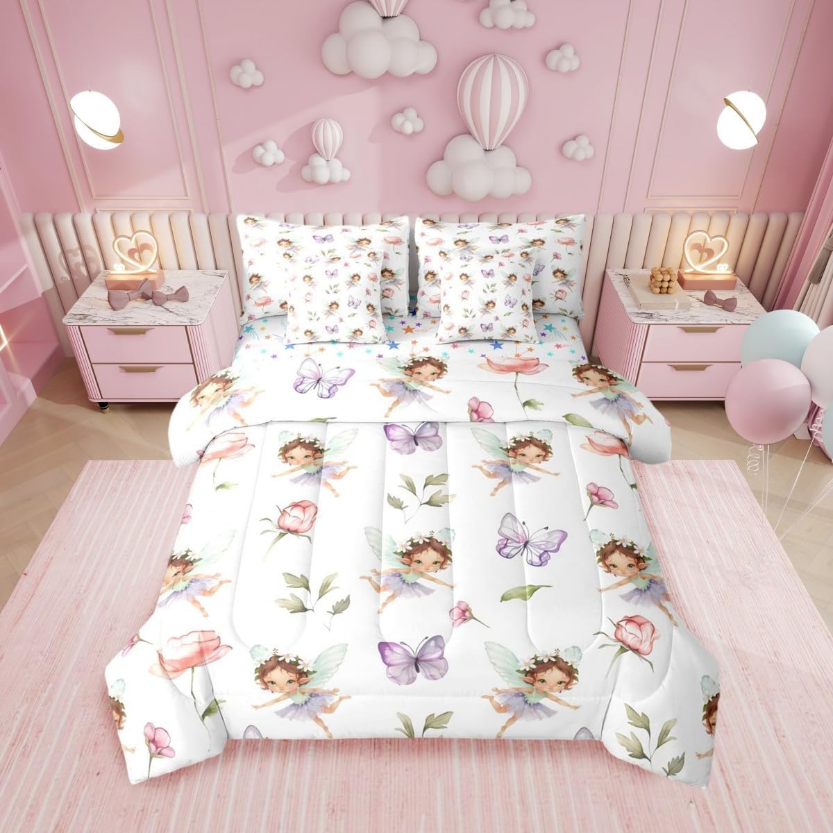 Erosebridal Mushroom & Fairy Twin Comforter Set with Sheets - Butterfly Bedding Set 7 Piece for Kids Girls, Whimsical Fairies Garden Bed Set | Forest Themed Butterflies Fitted Sheet+Flat Sheet