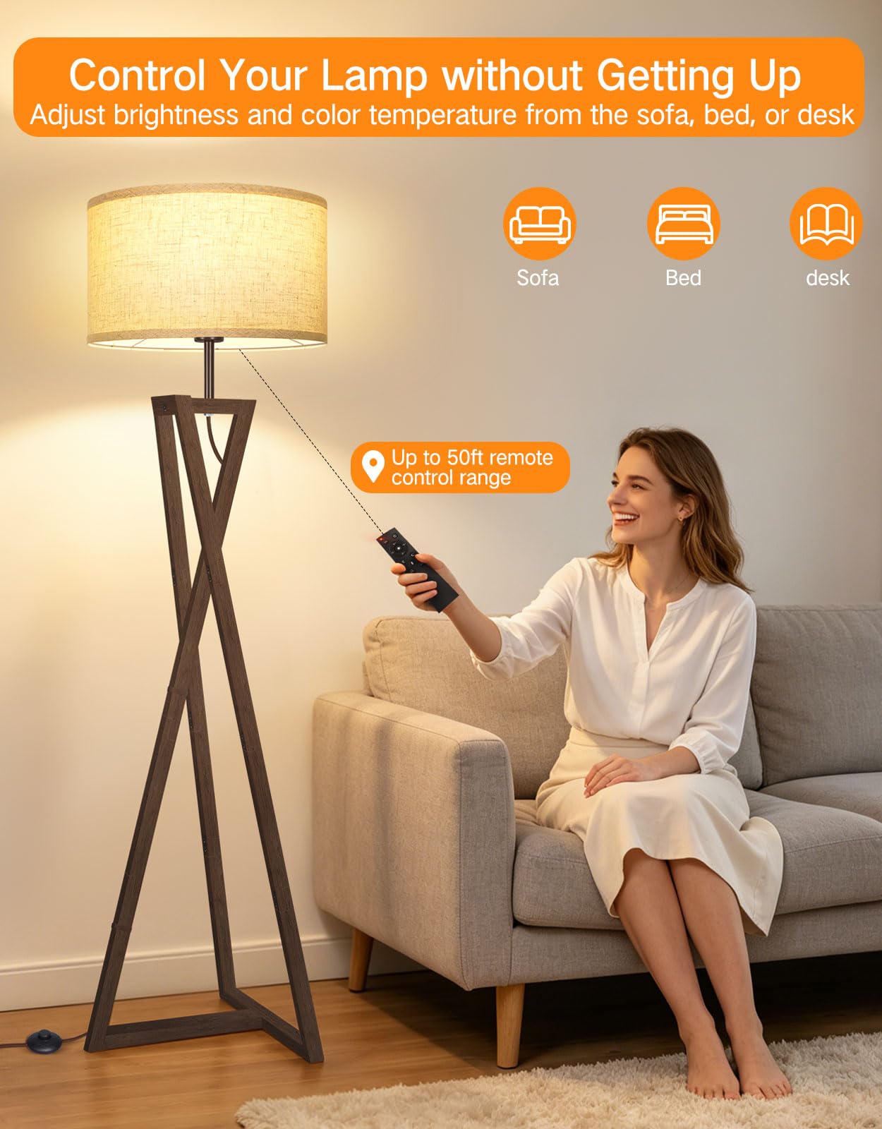 OUTON Lampada da Terra Moderna in Legno con Telecomando per Soggiorno, Nero | LED Regolabile 3000K-6500K, Funzione Memoria, Timer, Paralume Premium in Lino, Smart Home